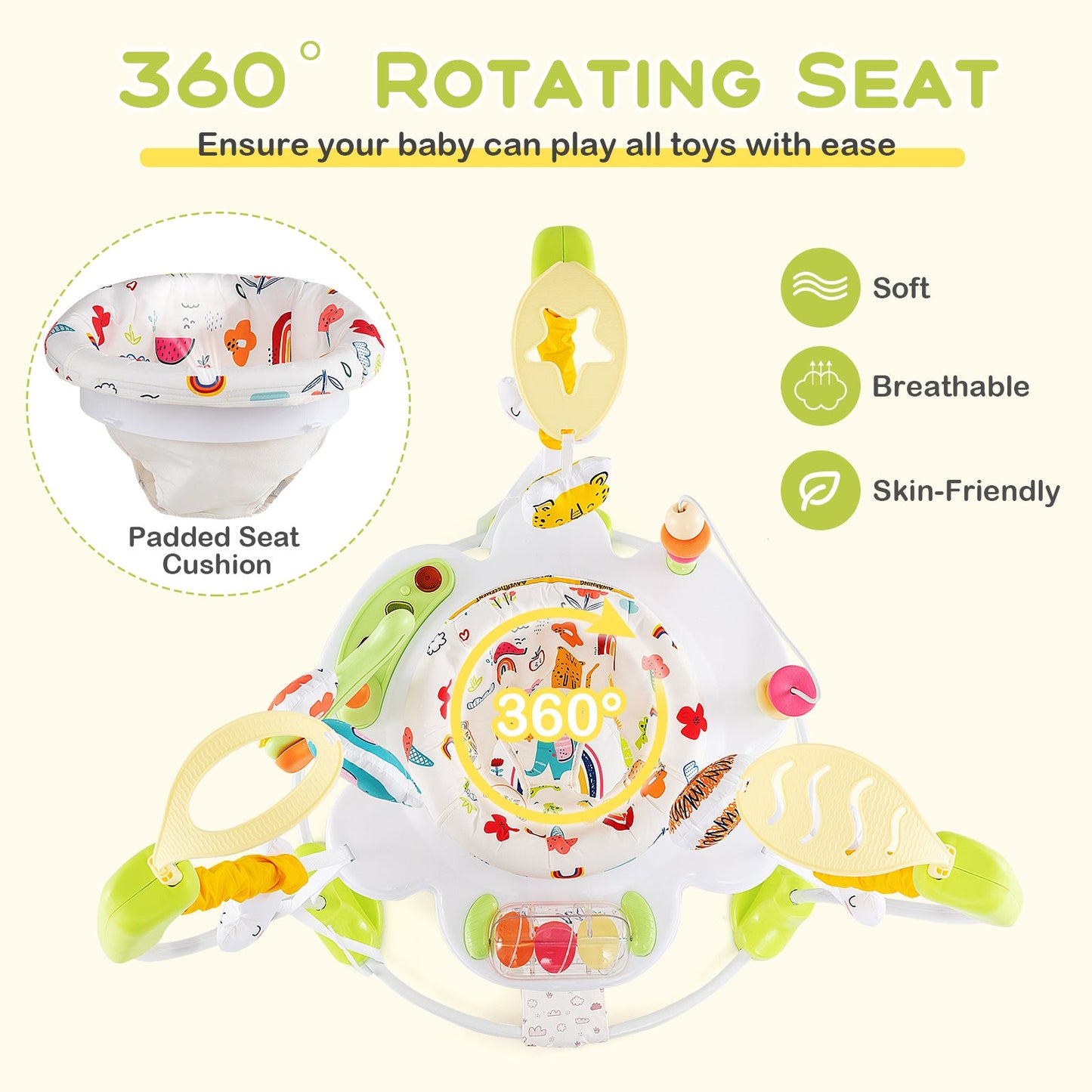 Adjustable Baby Bouncing Saucer with Interactive Toys - Yellow