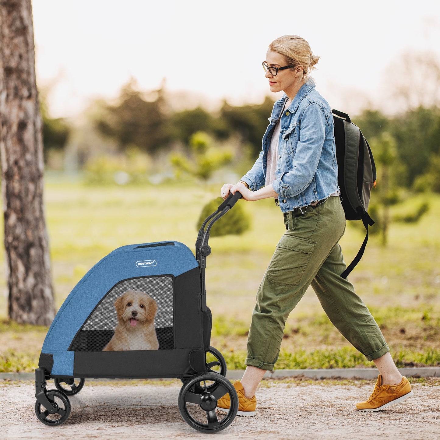 4-Wheel Extra Large Dog Stroller - Foldable with Dual Entry - Blue