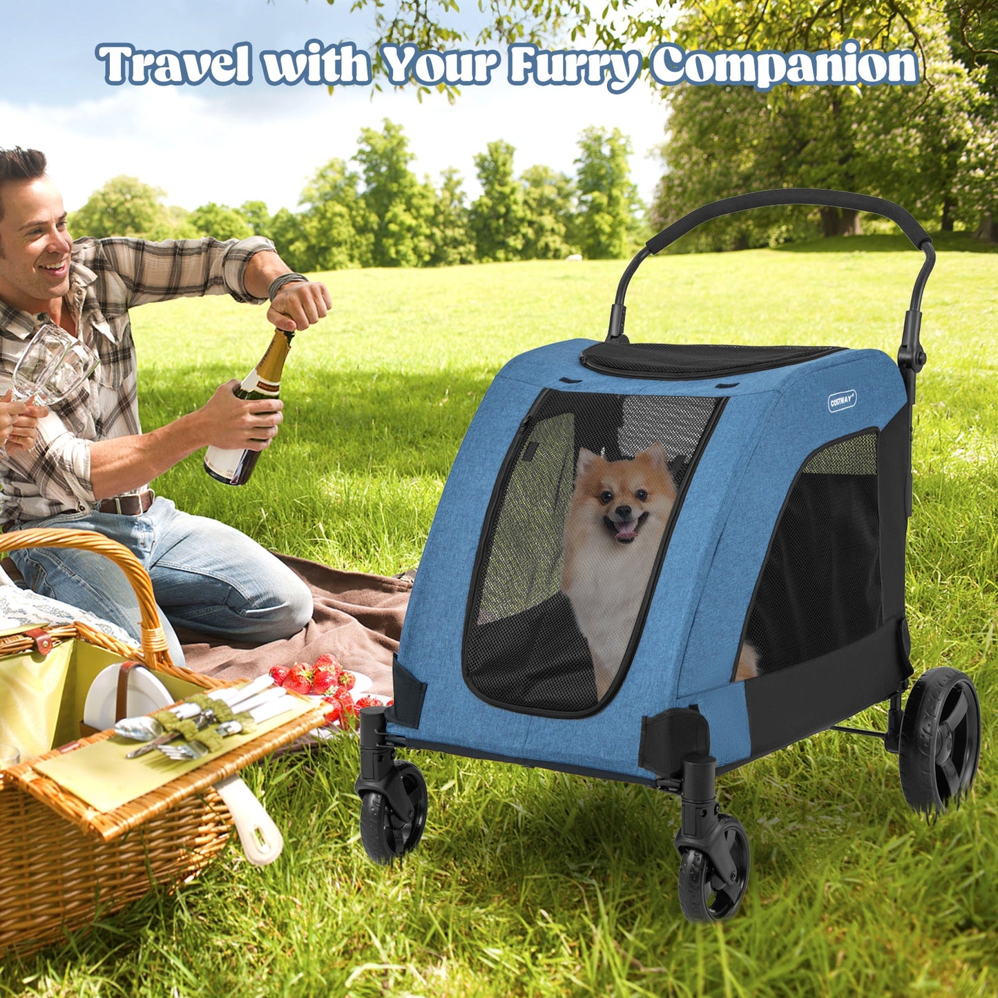 4-Wheel Extra Large Dog Stroller - Foldable with Dual Entry - Blue