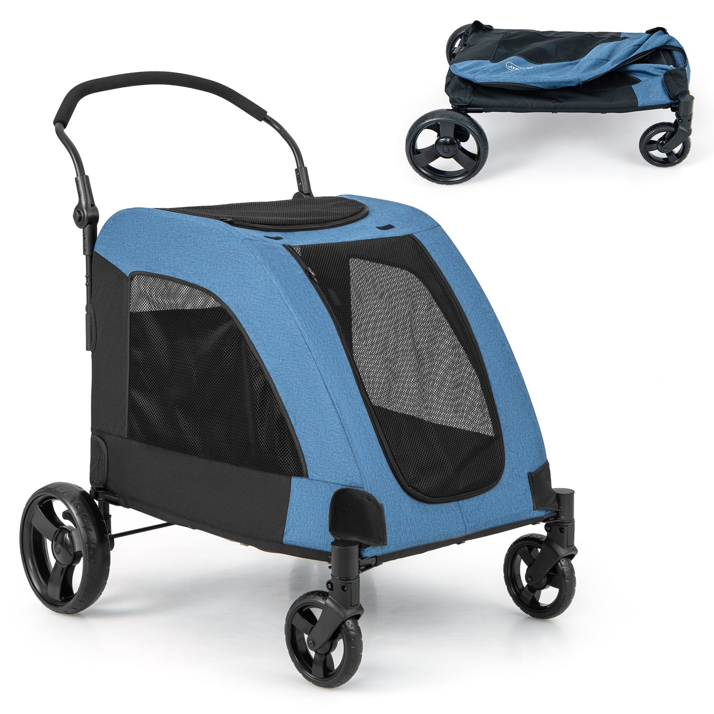 4-Wheel Extra Large Dog Stroller - Foldable with Dual Entry - Blue
