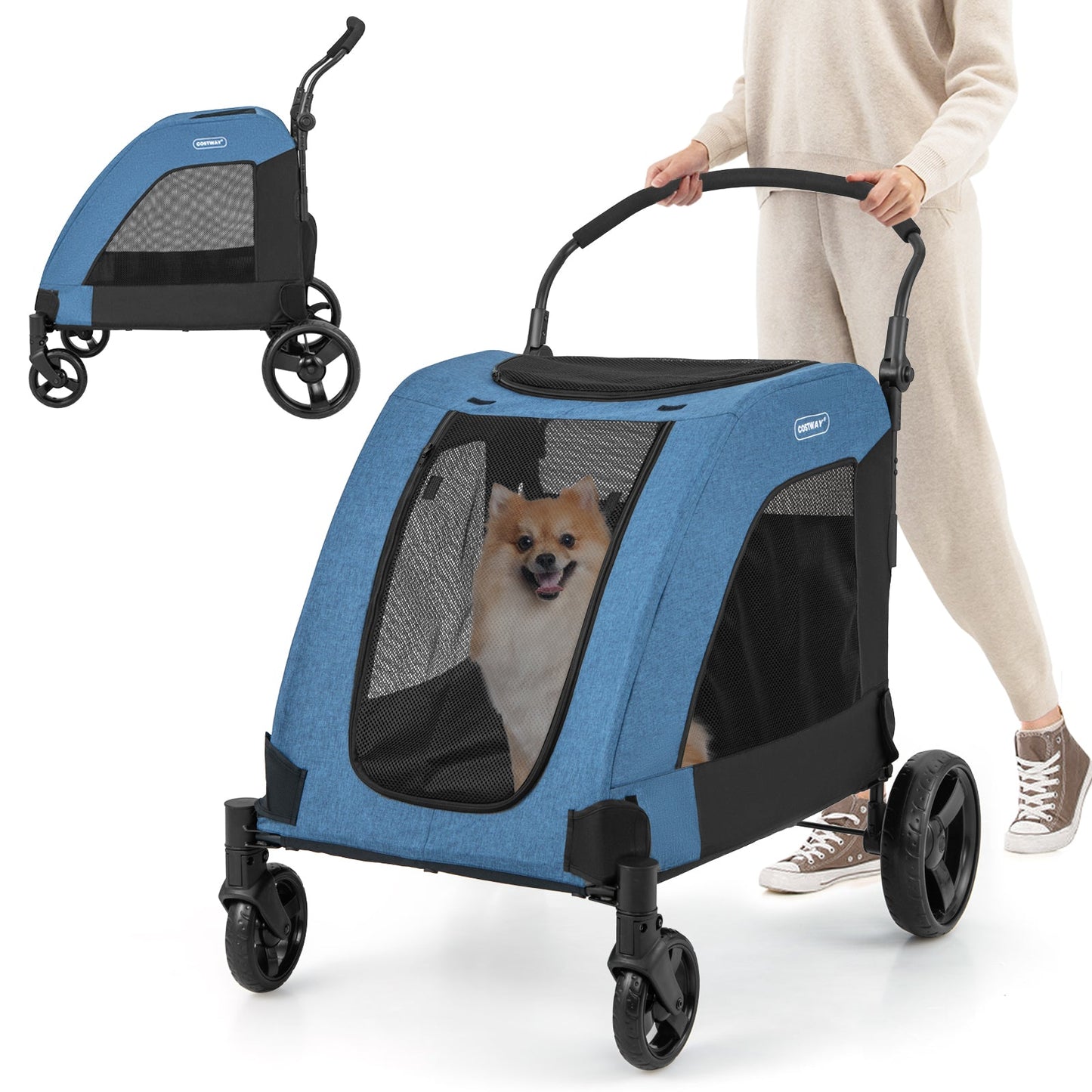 4-Wheel Extra Large Dog Stroller - Foldable with Dual Entry - Blue