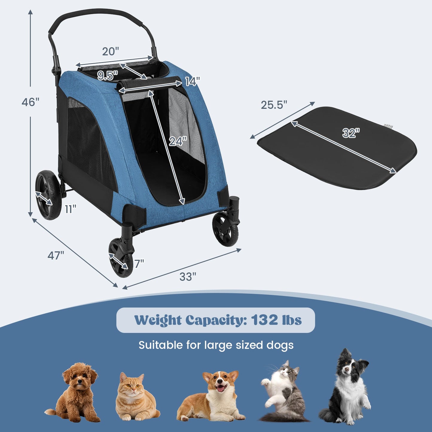 4-Wheel Extra Large Dog Stroller - Foldable with Dual Entry - Blue