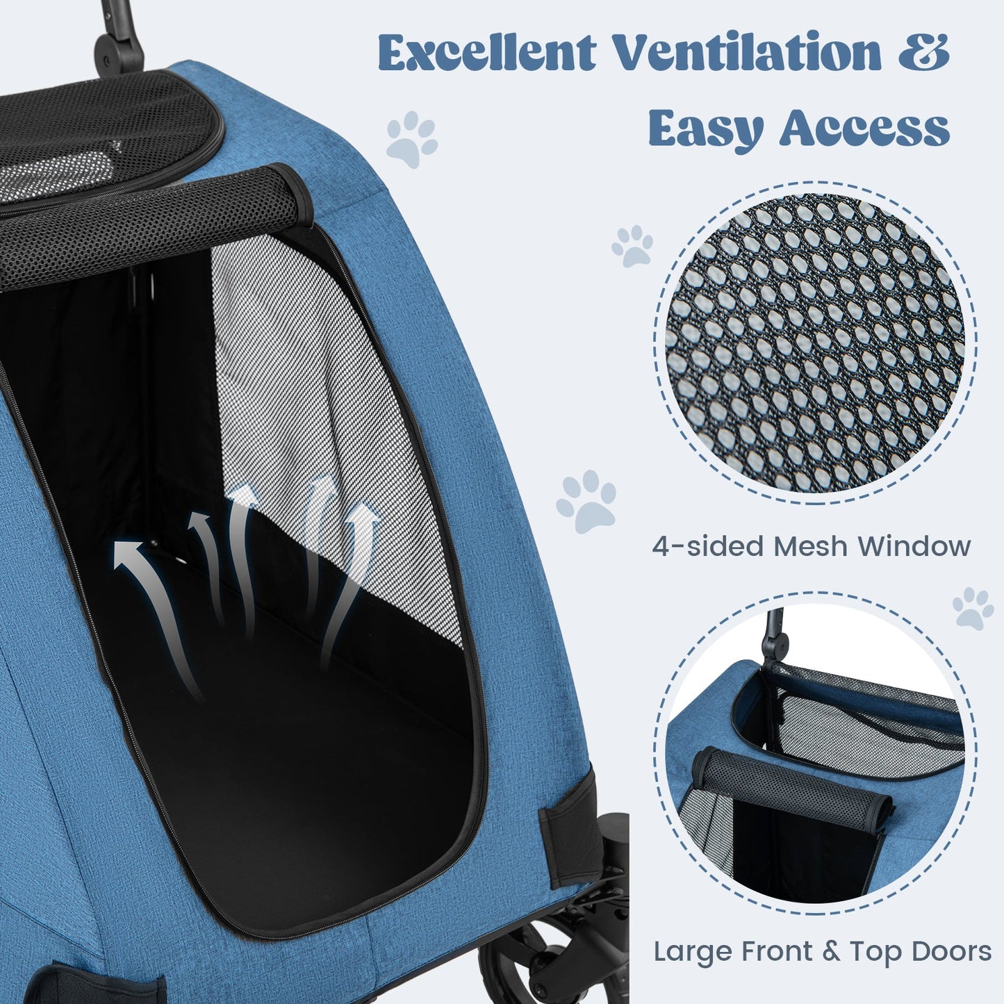 4-Wheel Extra Large Dog Stroller - Foldable with Dual Entry - Blue