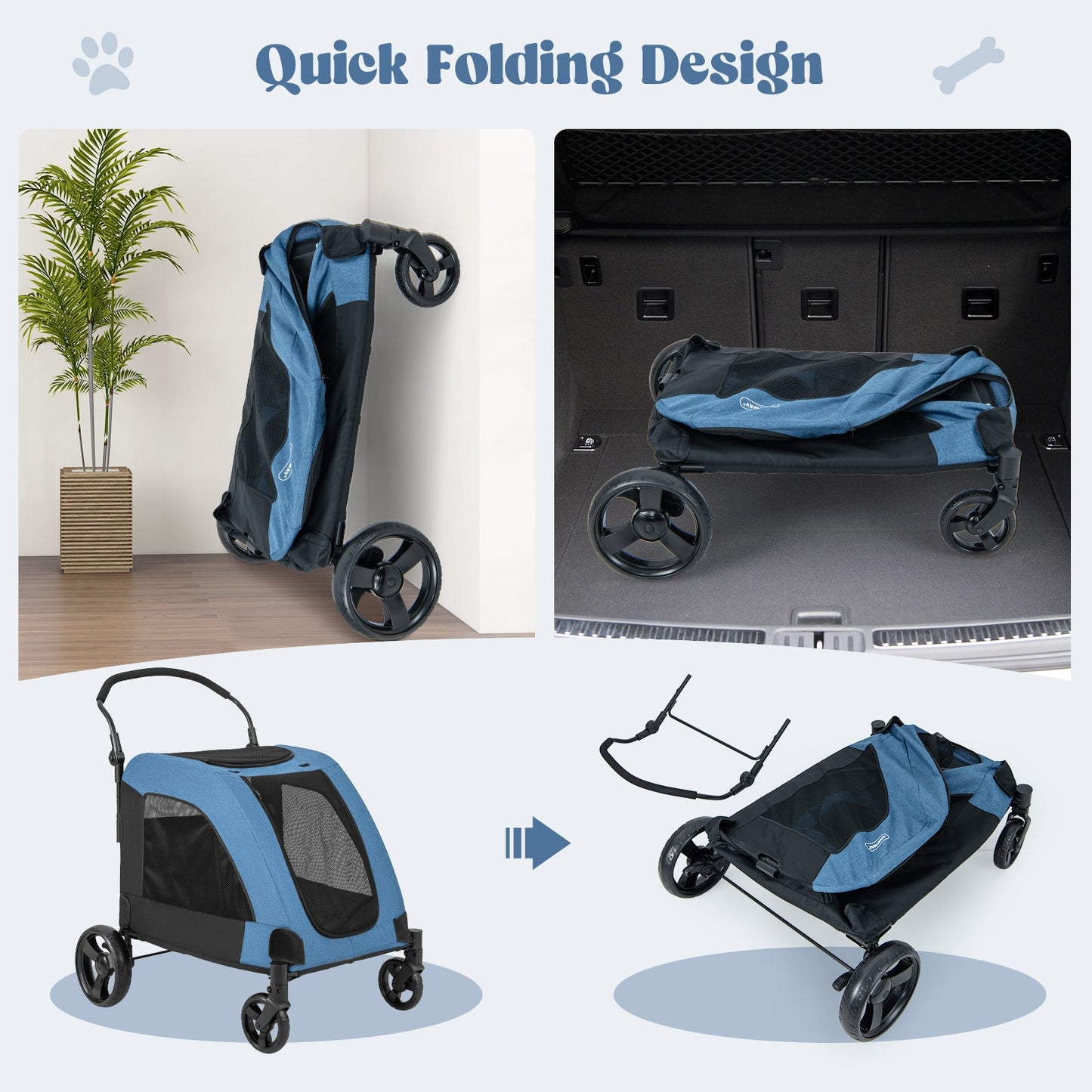 4-Wheel Extra Large Dog Stroller - Foldable with Dual Entry - Blue