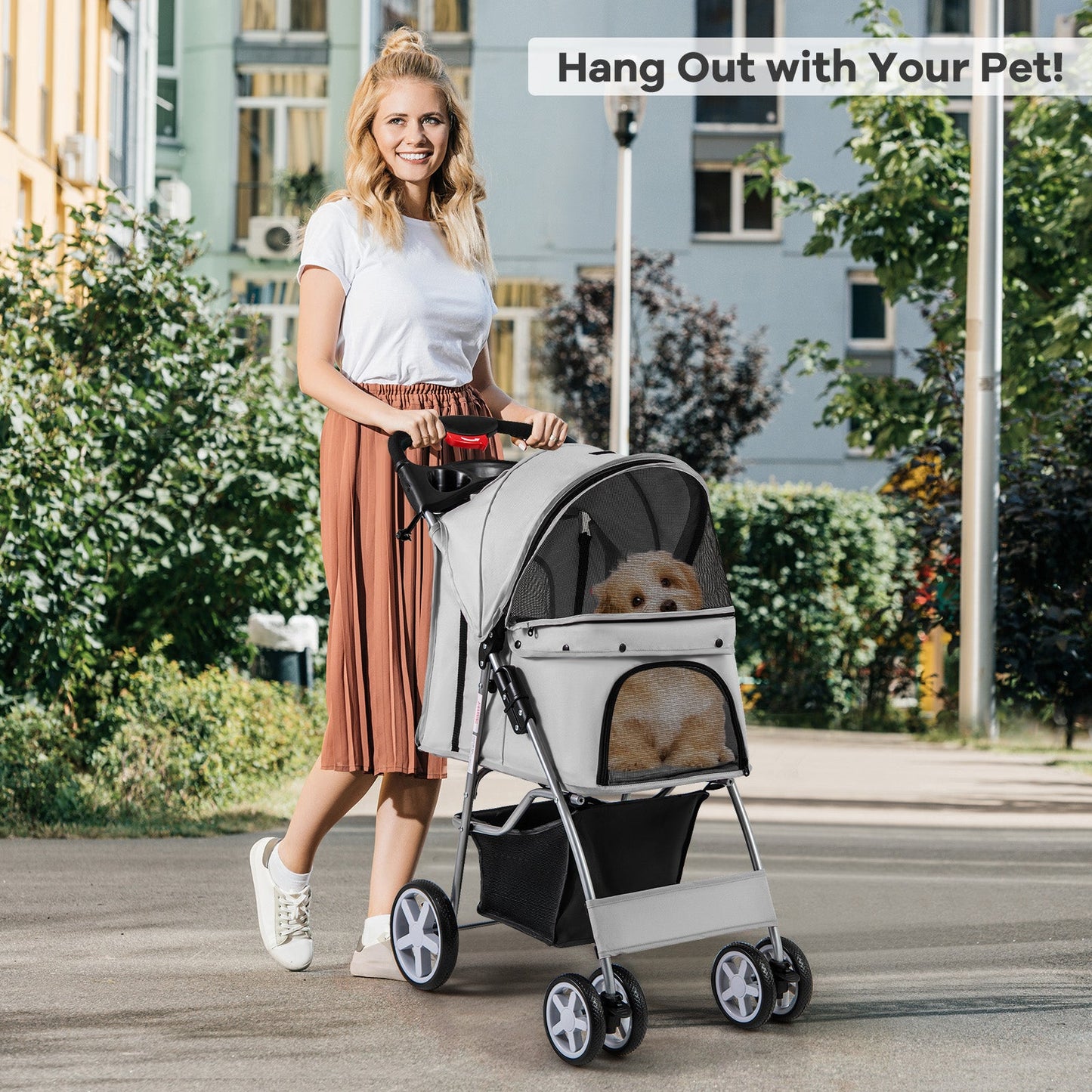 Folding Pet Stroller with Storage Basket and Adjustable Canopy - Gray