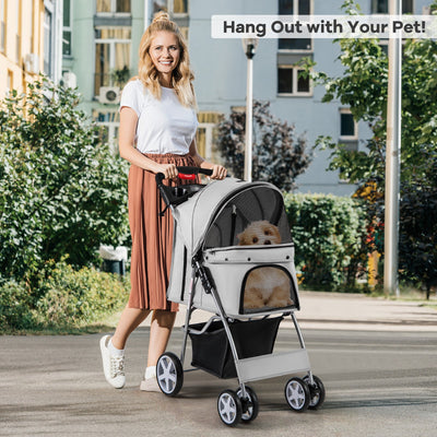 Poussette Pliable pour Animaux avec Panier de Rangement et Canopy Réglable - Gris
