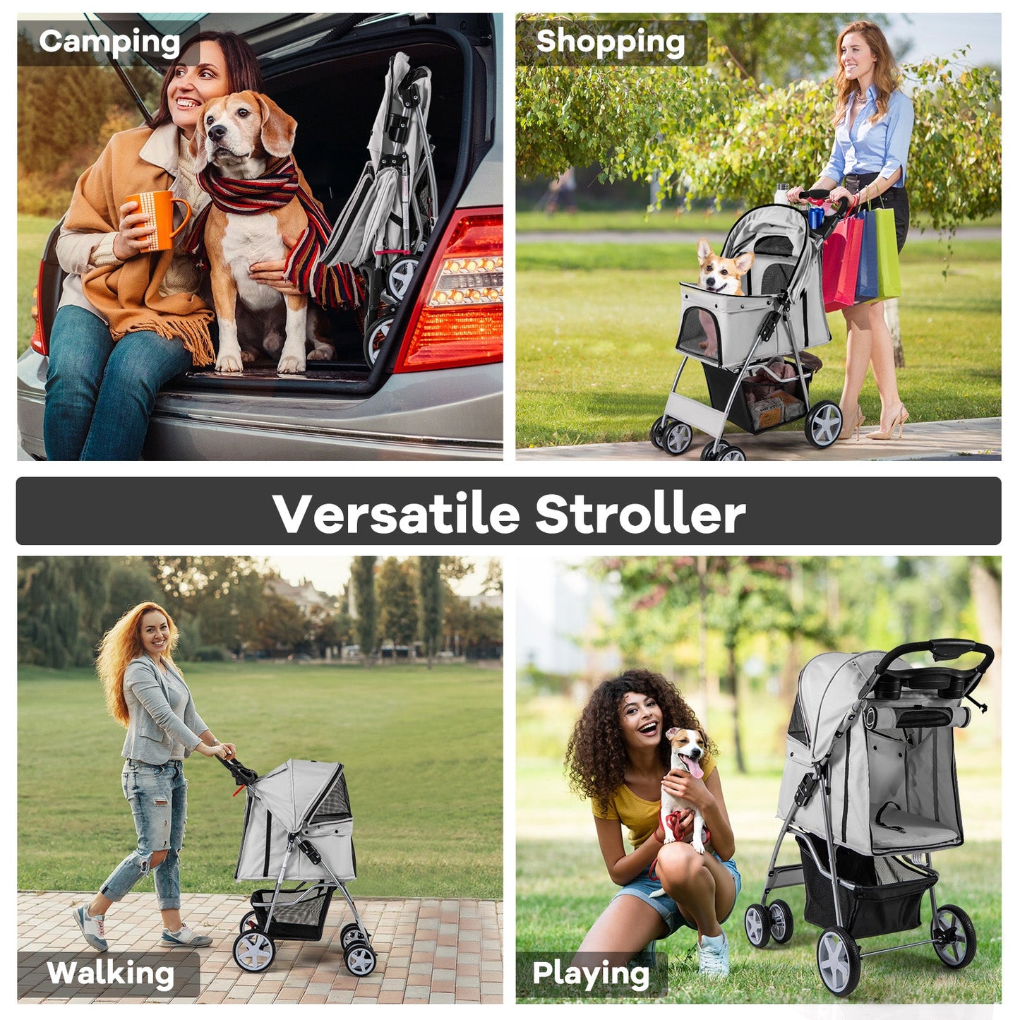 Folding Pet Stroller with Storage Basket and Adjustable Canopy - Gray