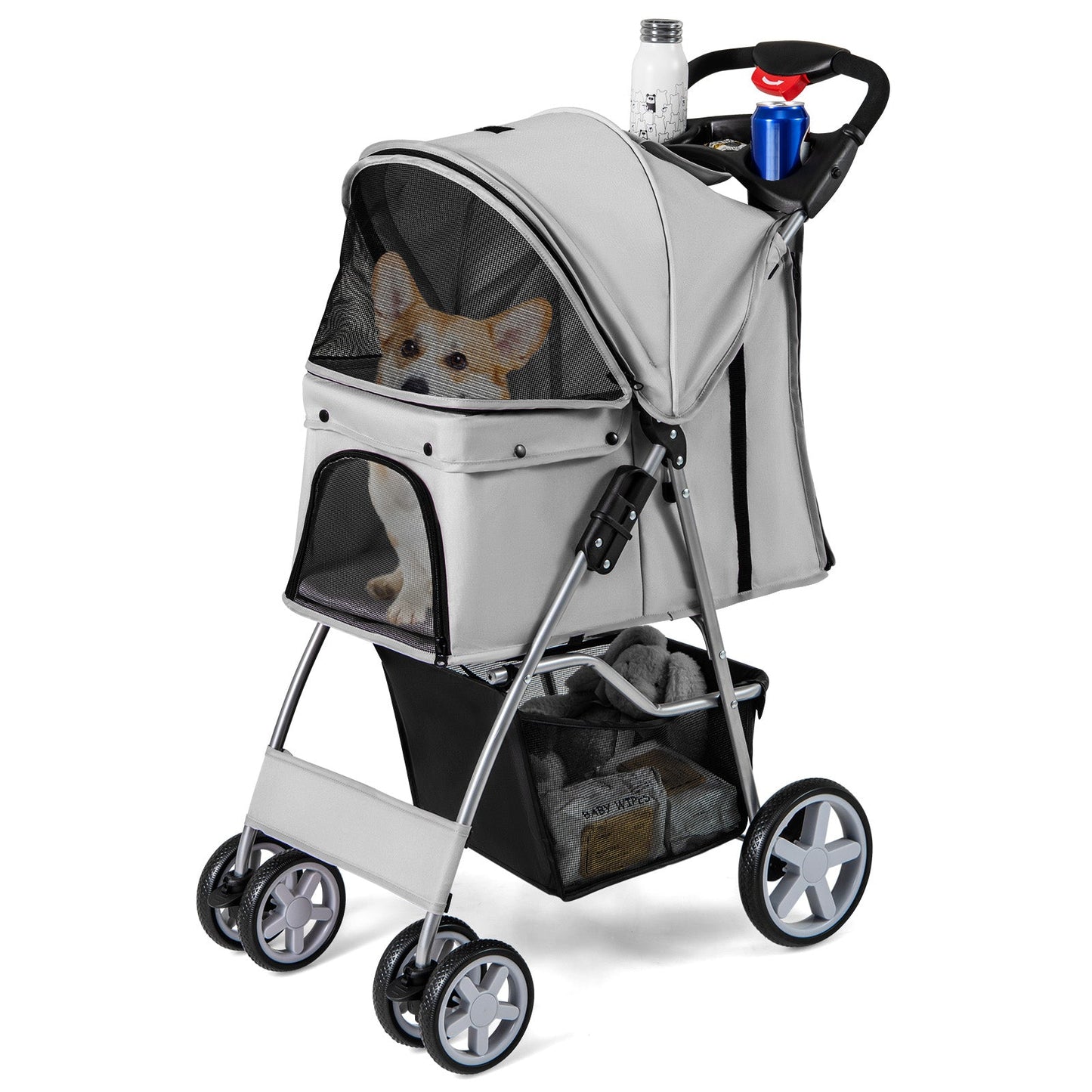 Folding Pet Stroller with Storage Basket and Adjustable Canopy - Gray