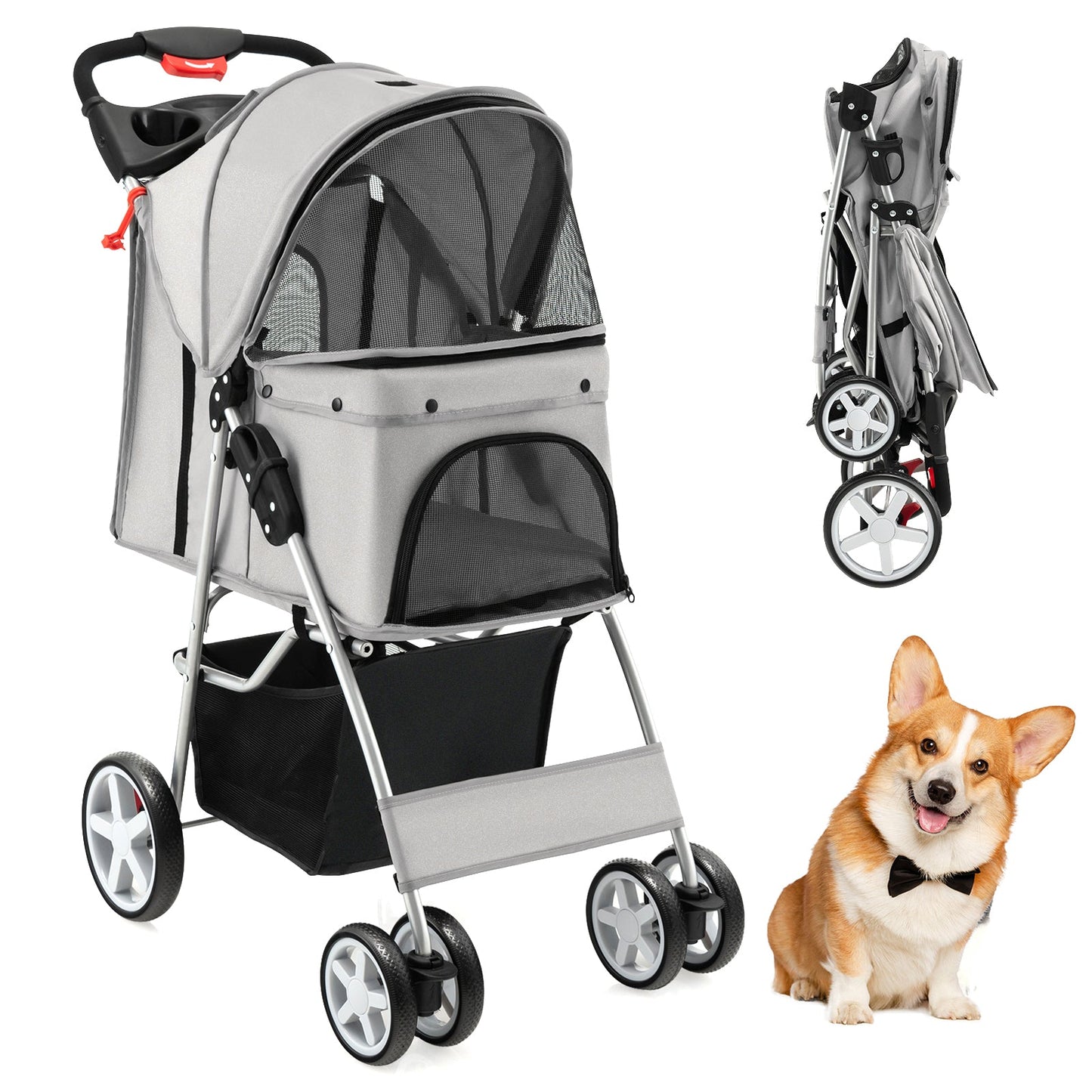 Folding Pet Stroller with Storage Basket and Adjustable Canopy - Gray