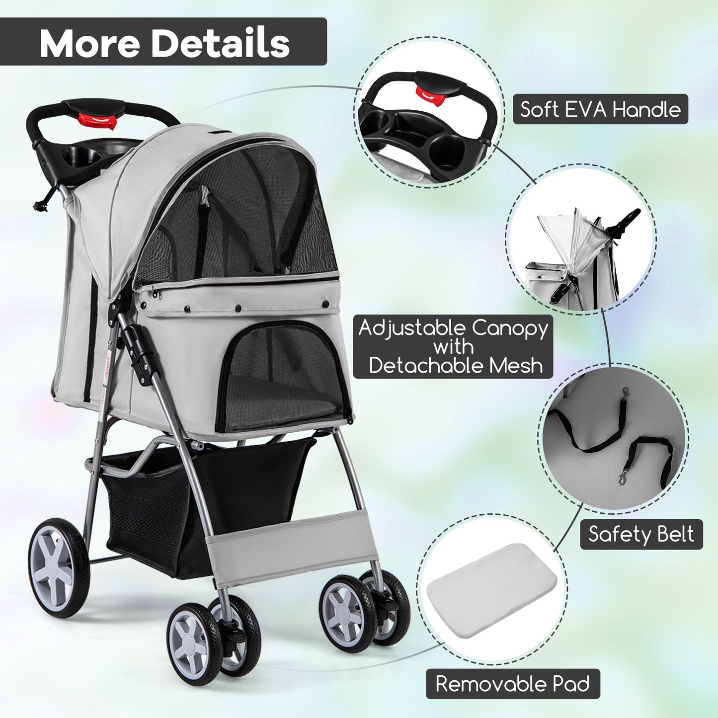 Folding Pet Stroller with Storage Basket and Adjustable Canopy - Gray