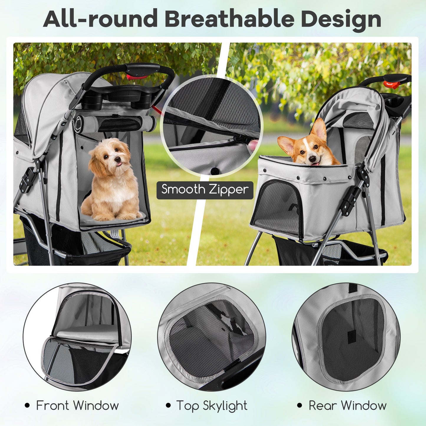 Folding Pet Stroller with Storage Basket and Adjustable Canopy - Gray