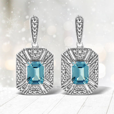 Pendientes de Acero Inoxidable de Forma Esmeralda con Topacio Azul y Acentos de Diamante