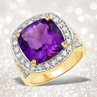 6.80 Carat Genuine Amethyst and White Diamond Ring in Sterling Silver