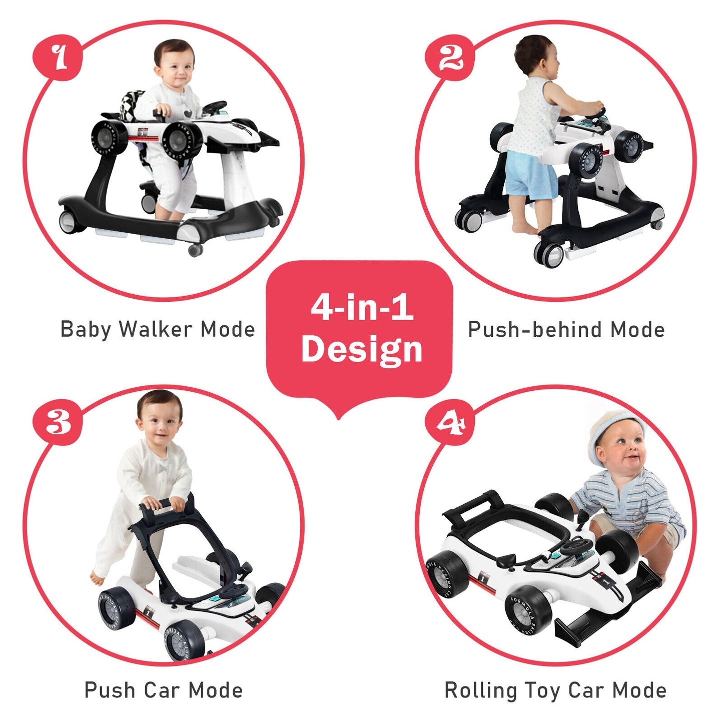 Pousseur d'activité pliable 4-en-1 - Hauteur réglable, Blanc