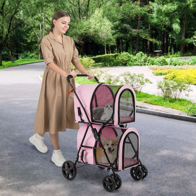 Poussette double 4-en-1 pour animaux avec transporteur détachable - Rose