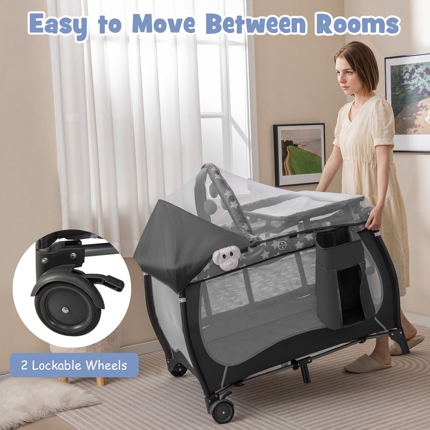 Centre de Nurserie Portable 4 en 1 avec Boîte à Musique - Gris