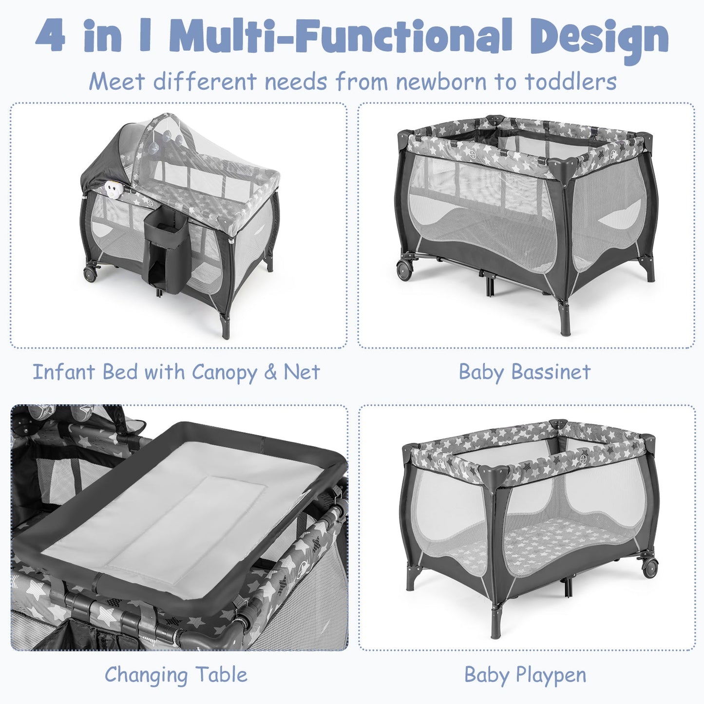 Centre de Nurserie Portable 4 en 1 avec Boîte à Musique - Gris