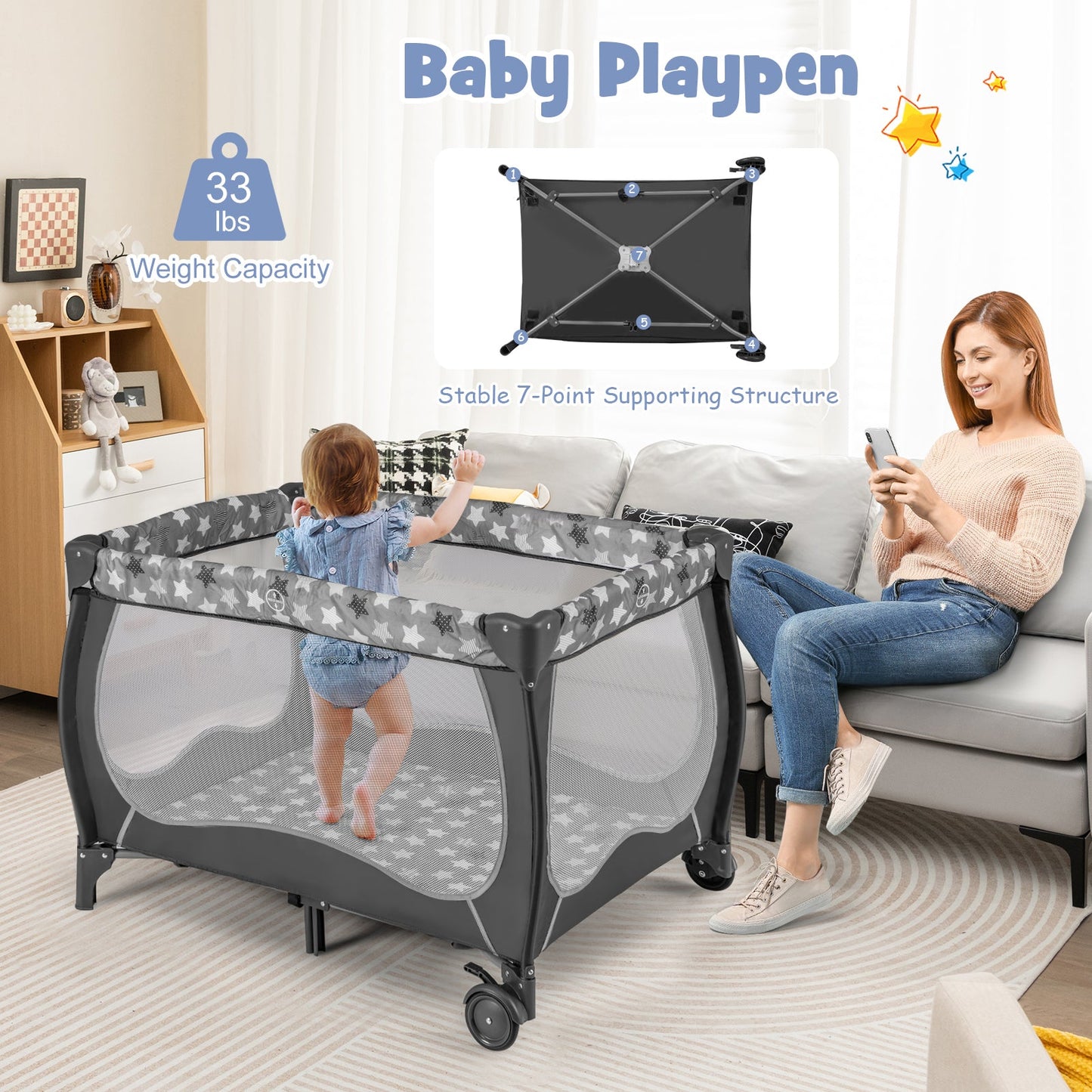 Centre de Nurserie Portable 4 en 1 avec Boîte à Musique - Gris