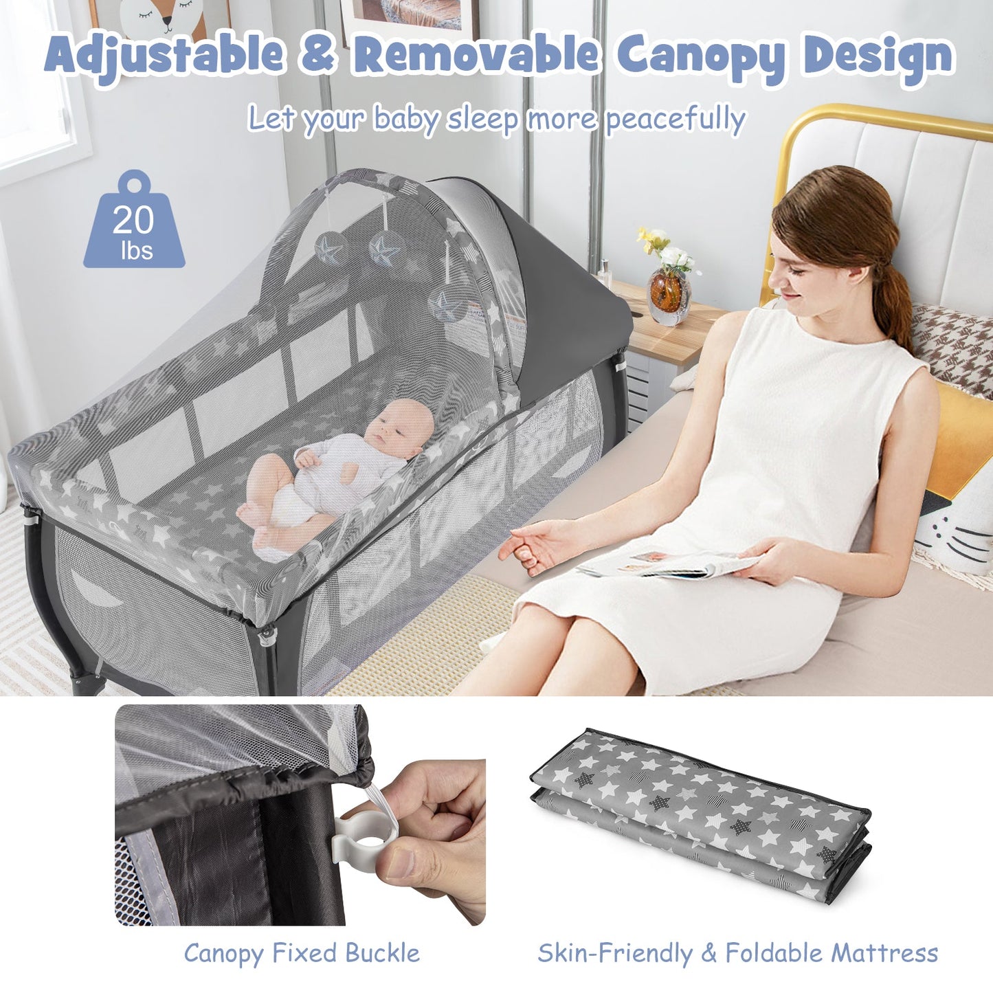 Centre de Nurserie Portable 4 en 1 avec Boîte à Musique - Gris