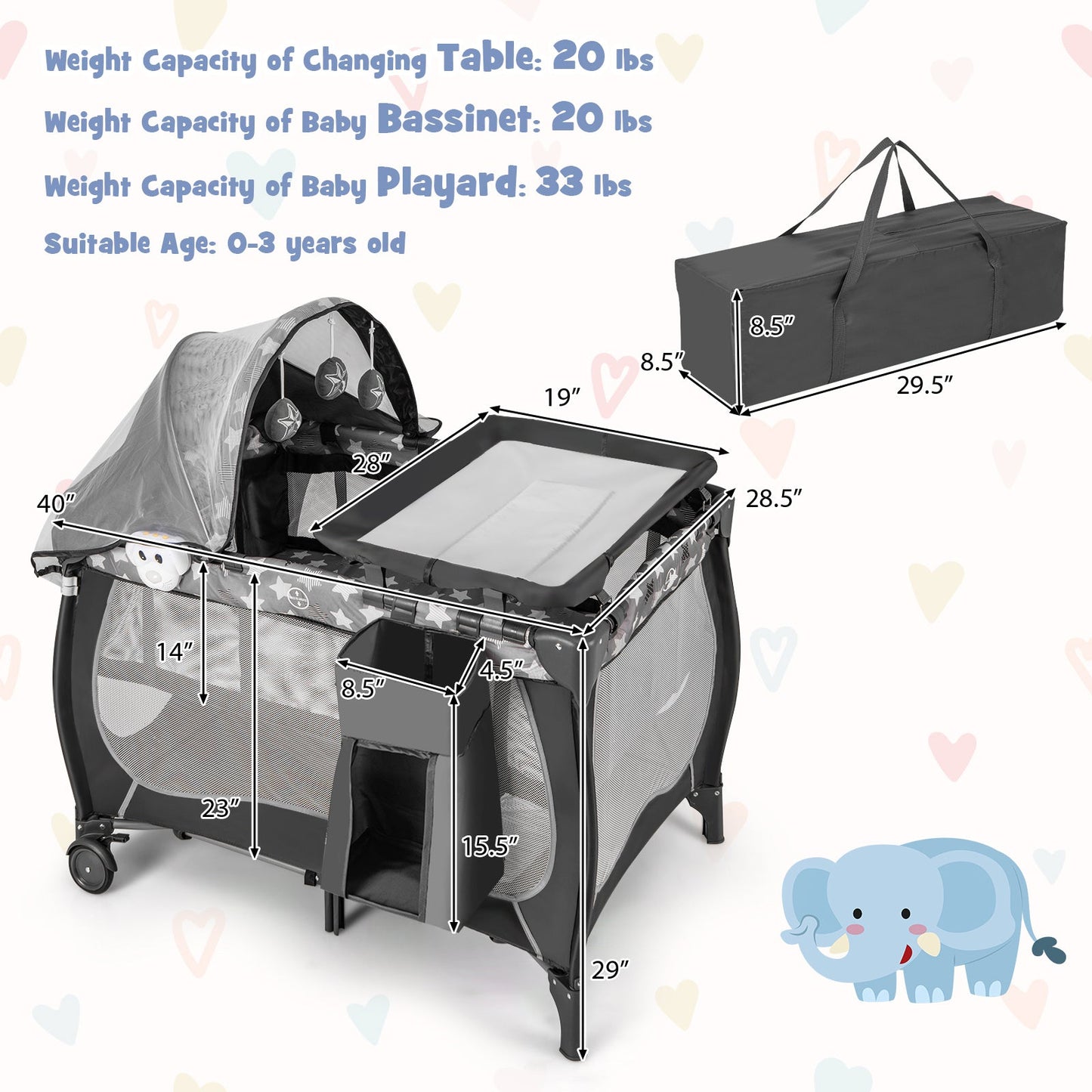 Centre de Nurserie Portable 4 en 1 avec Boîte à Musique - Gris