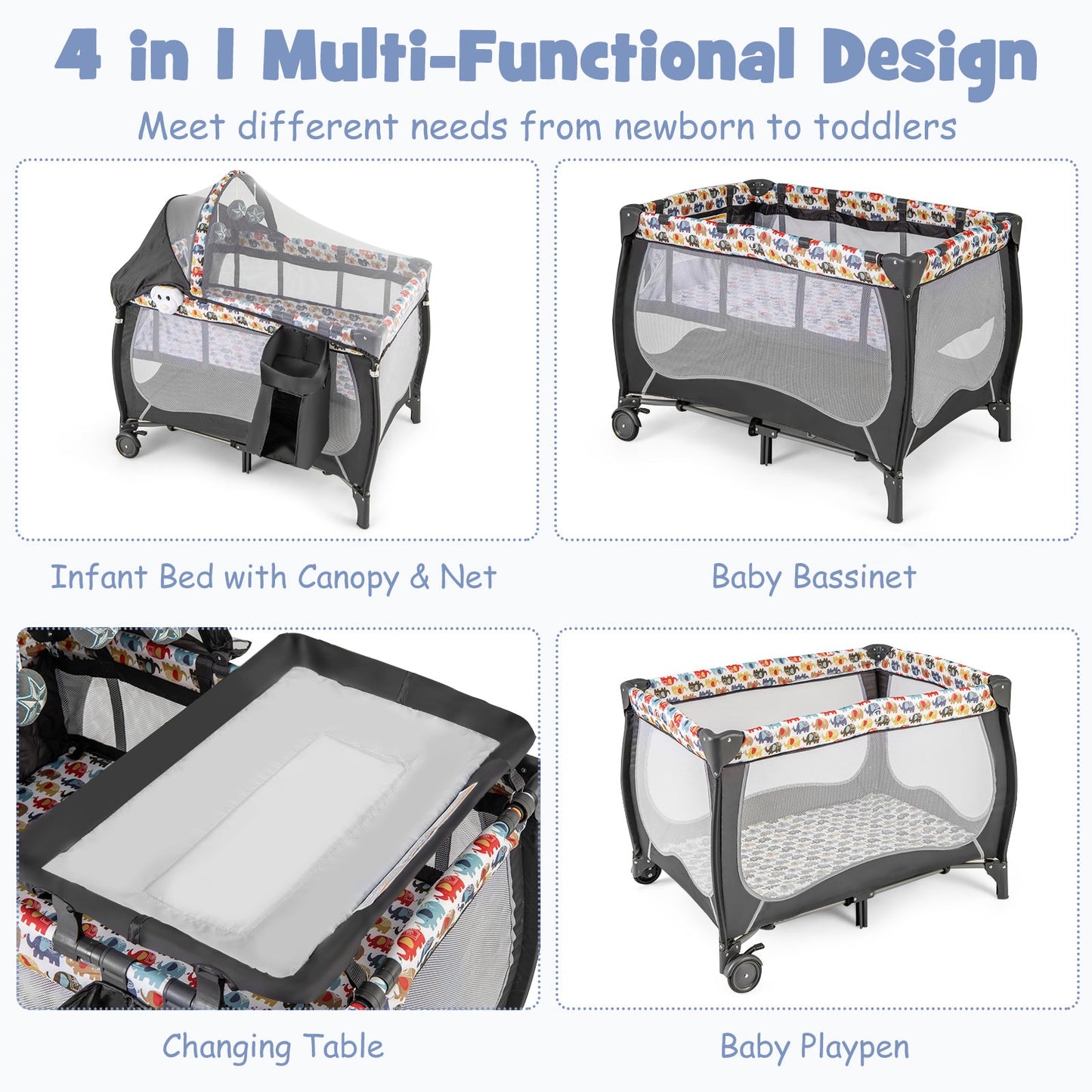 Centre de Nurserie Portable 4 en 1 avec Filet et Boîte à Musique