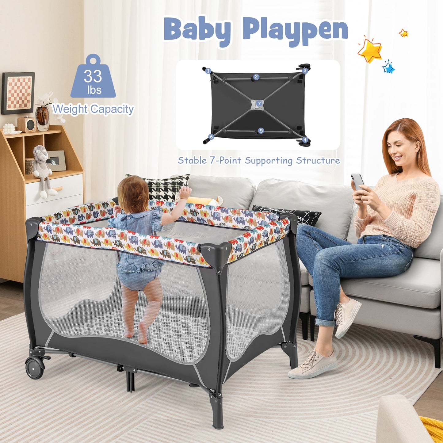 Centre de Nurserie Portable 4 en 1 avec Filet et Boîte à Musique