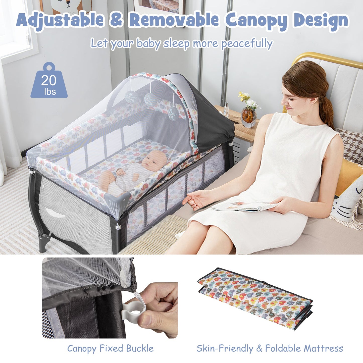 Centre de Nurserie Portable 4 en 1 avec Filet et Boîte à Musique