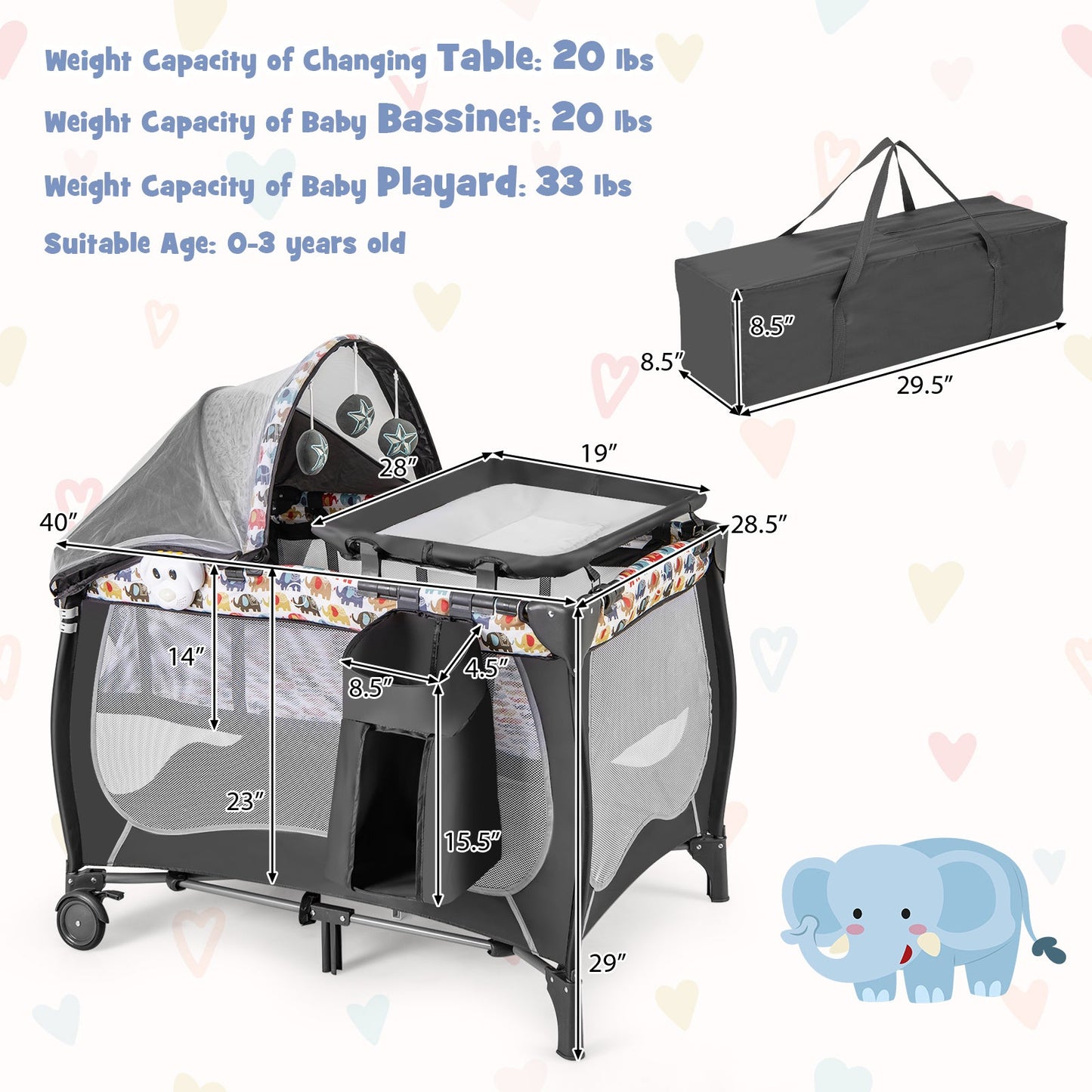 Centre de Nurserie Portable 4 en 1 avec Filet et Boîte à Musique