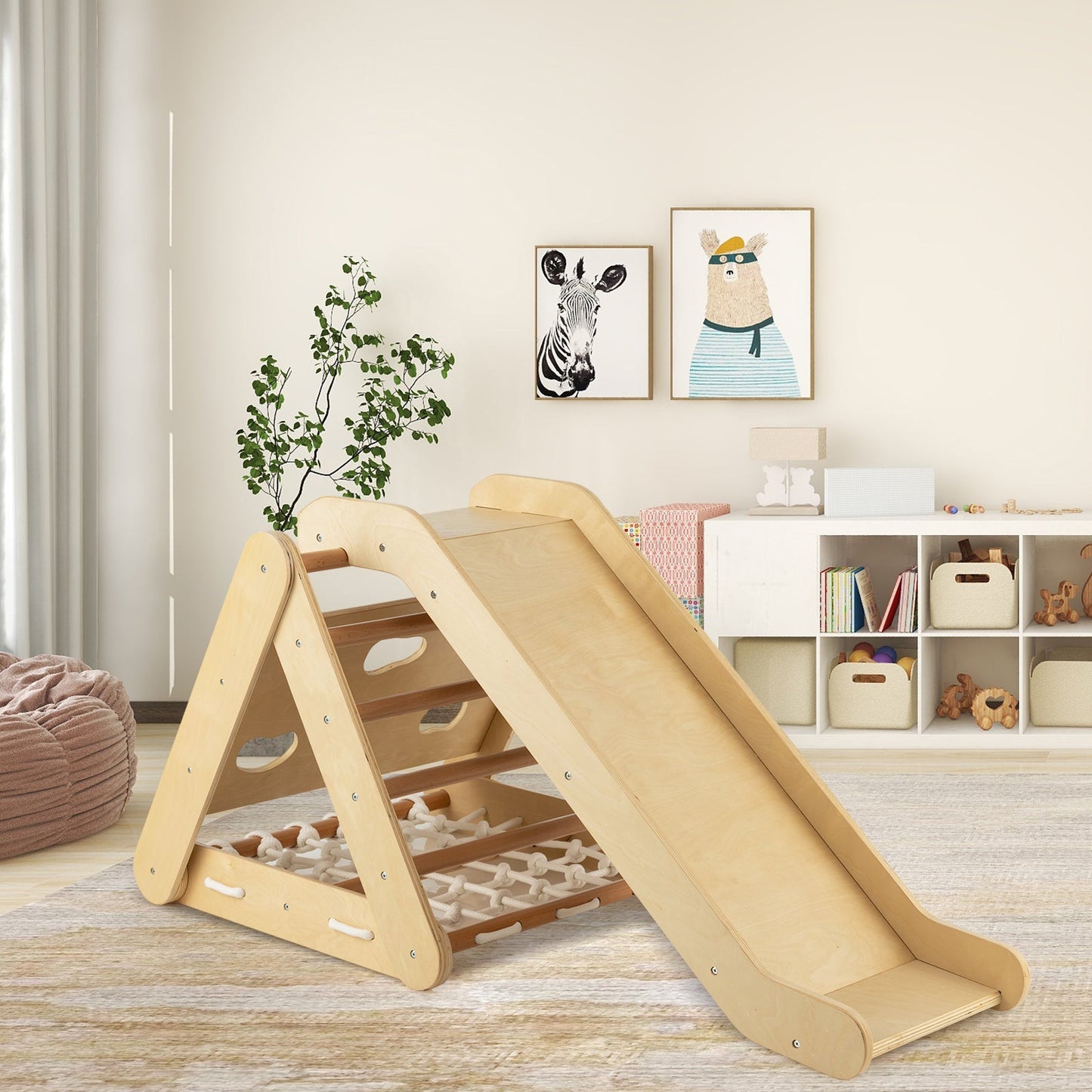 Jouet grimpeur triangle 4 en 1 avec toboggan et filet d'escalade