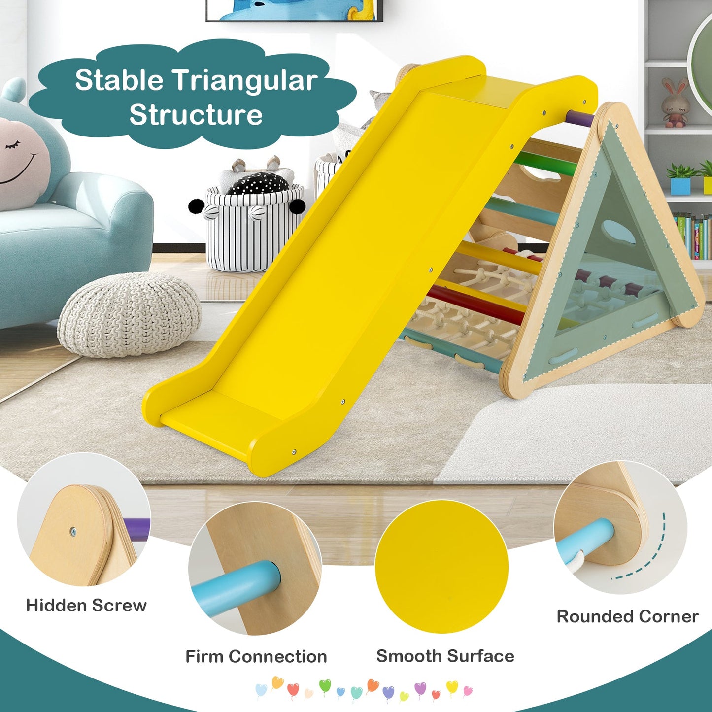 Juguete escalador triangular 4 en 1 con tabla deslizante y red de escalada - Multicolor