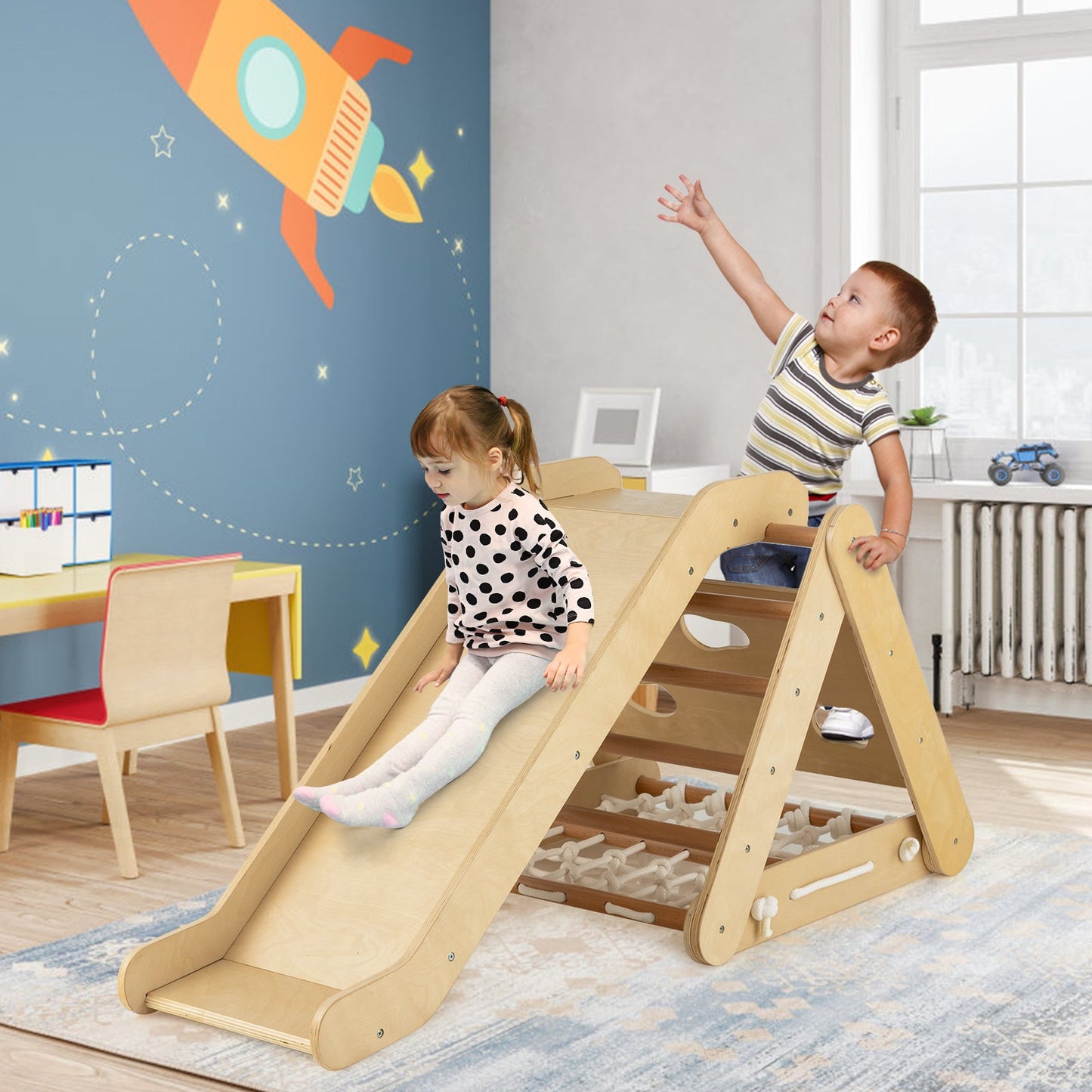 Jouet grimpeur triangle 4 en 1 avec toboggan et filet d'escalade