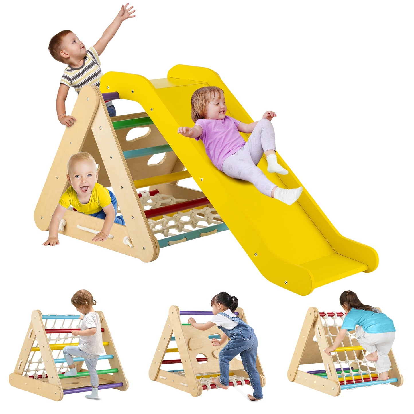 Juguete escalador triangular 4 en 1 con tabla deslizante y red de escalada - Multicolor