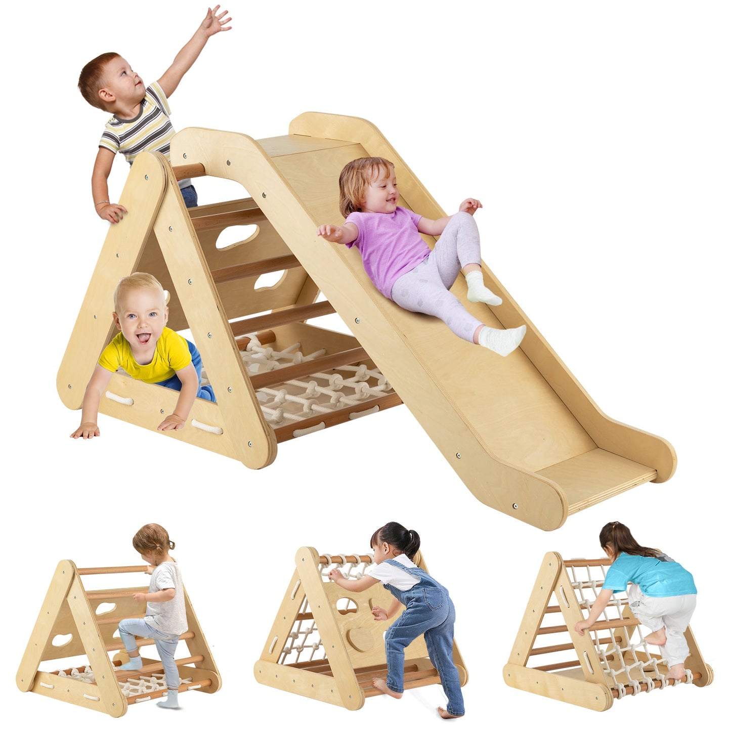 Jouet grimpeur triangle 4 en 1 avec toboggan et filet d'escalade
