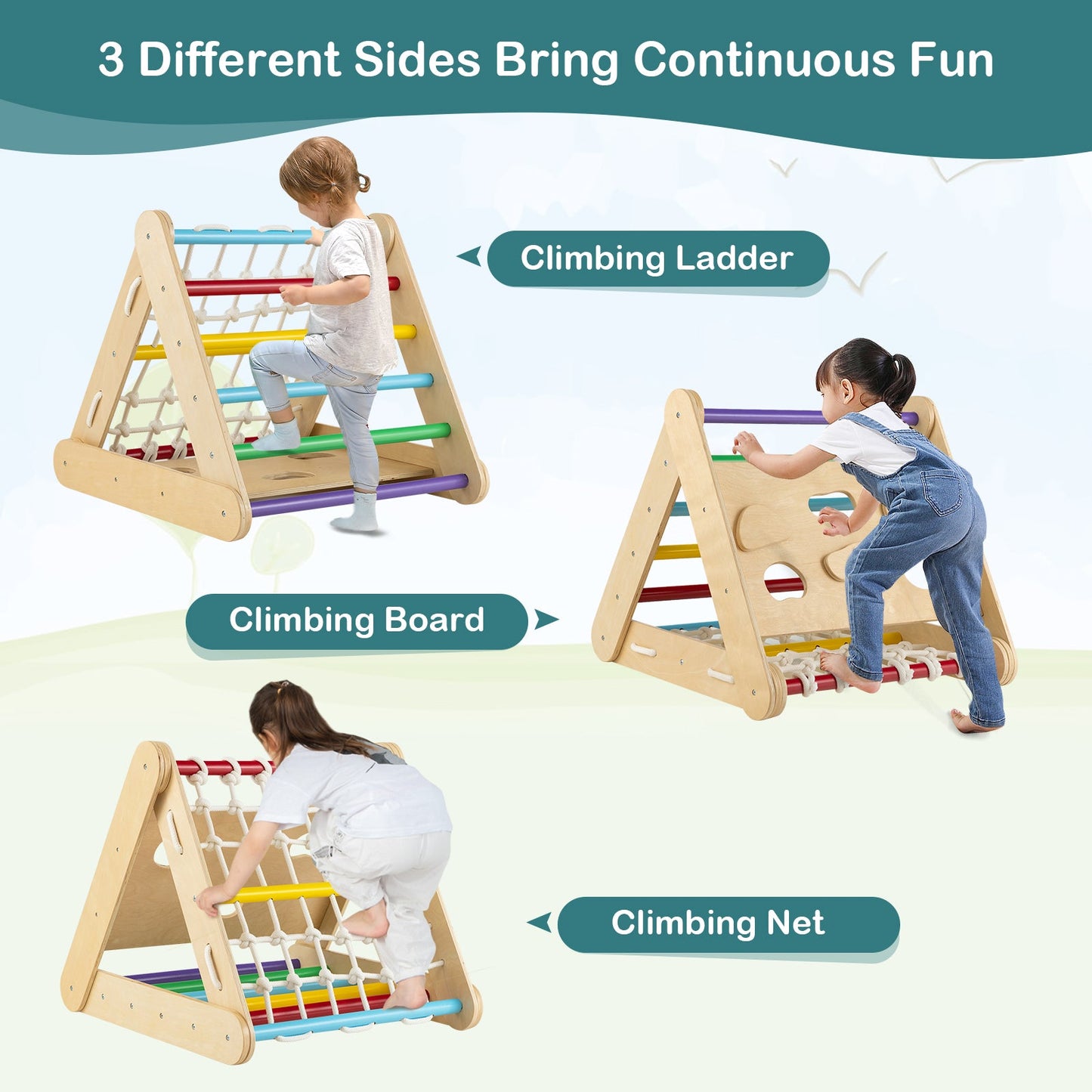 Juguete escalador triangular 4 en 1 con tabla deslizante y red de escalada - Multicolor