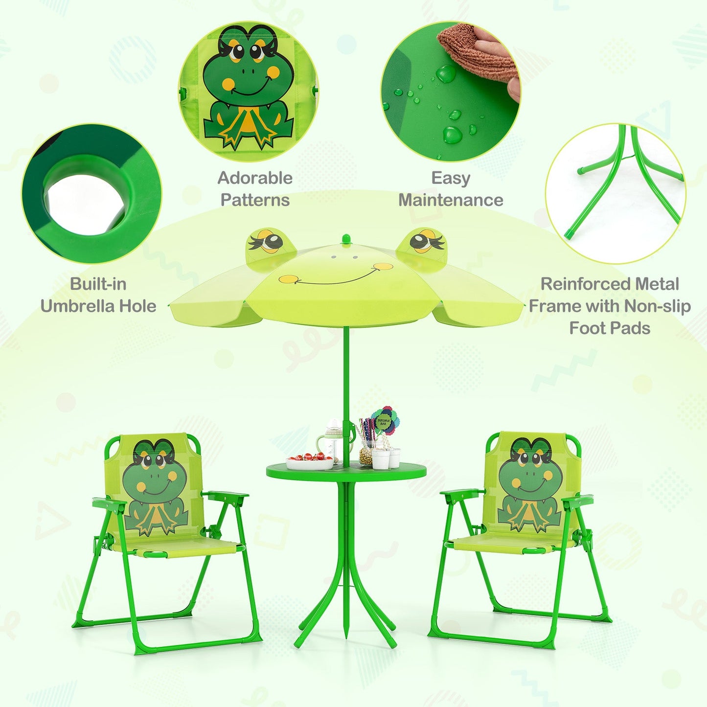 Kids Picnic Set with Folding Chairs & Adjustable Umbrella - Light Green