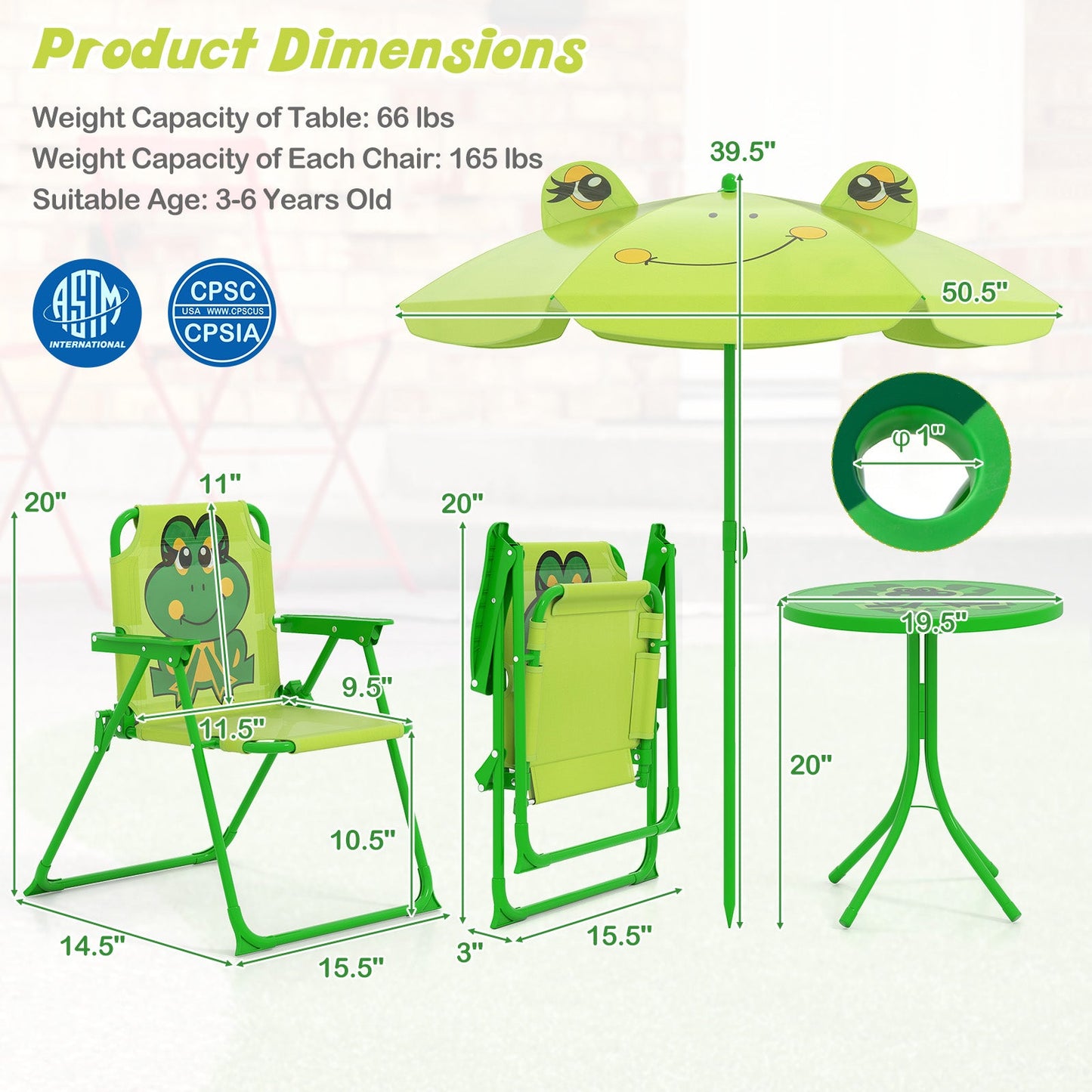 Kids Picnic Set with Folding Chairs & Adjustable Umbrella - Light Green