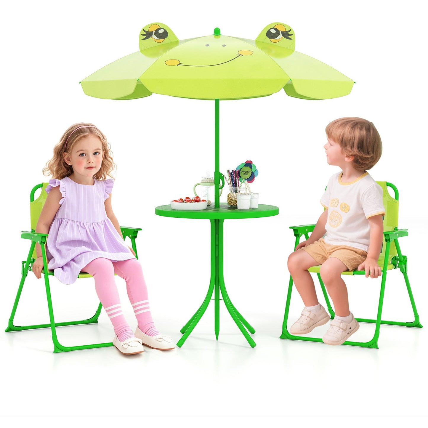 Kids Picnic Set with Folding Chairs & Adjustable Umbrella - Light Green