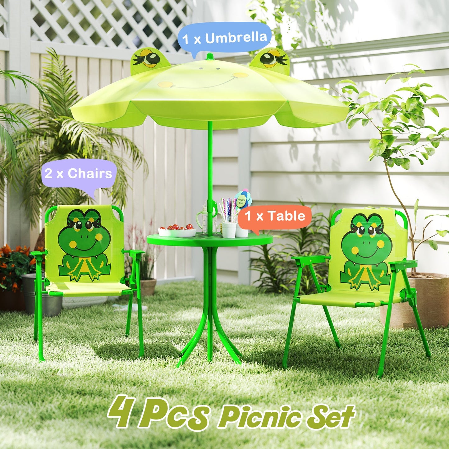Kids Picnic Set with Folding Chairs & Adjustable Umbrella - Light Green