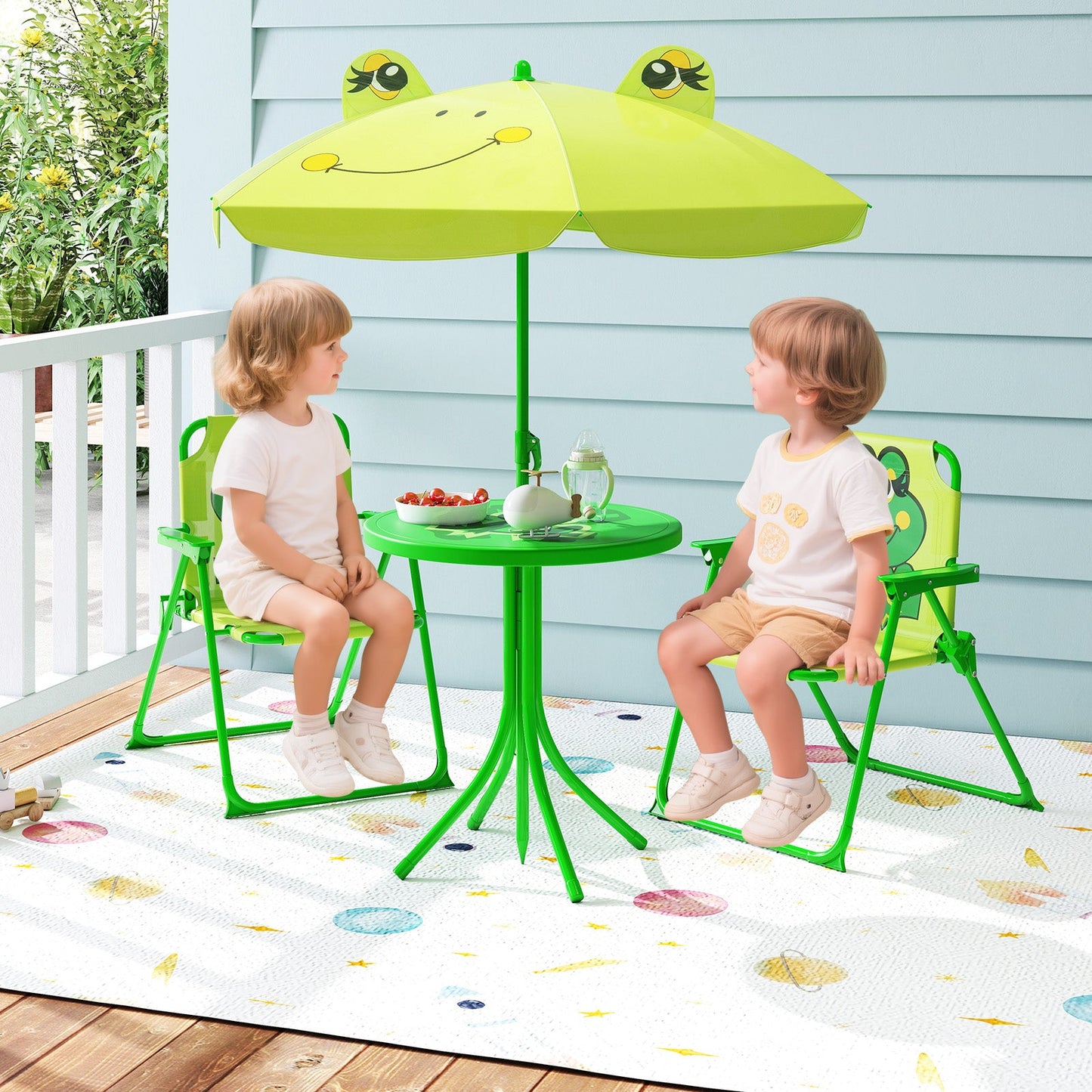 Kids Picnic Set with Folding Chairs & Adjustable Umbrella - Light Green