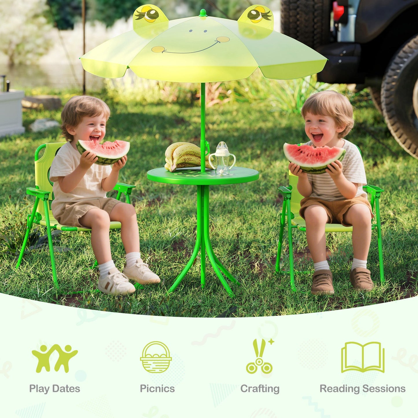 Kids Picnic Set with Folding Chairs & Adjustable Umbrella - Light Green