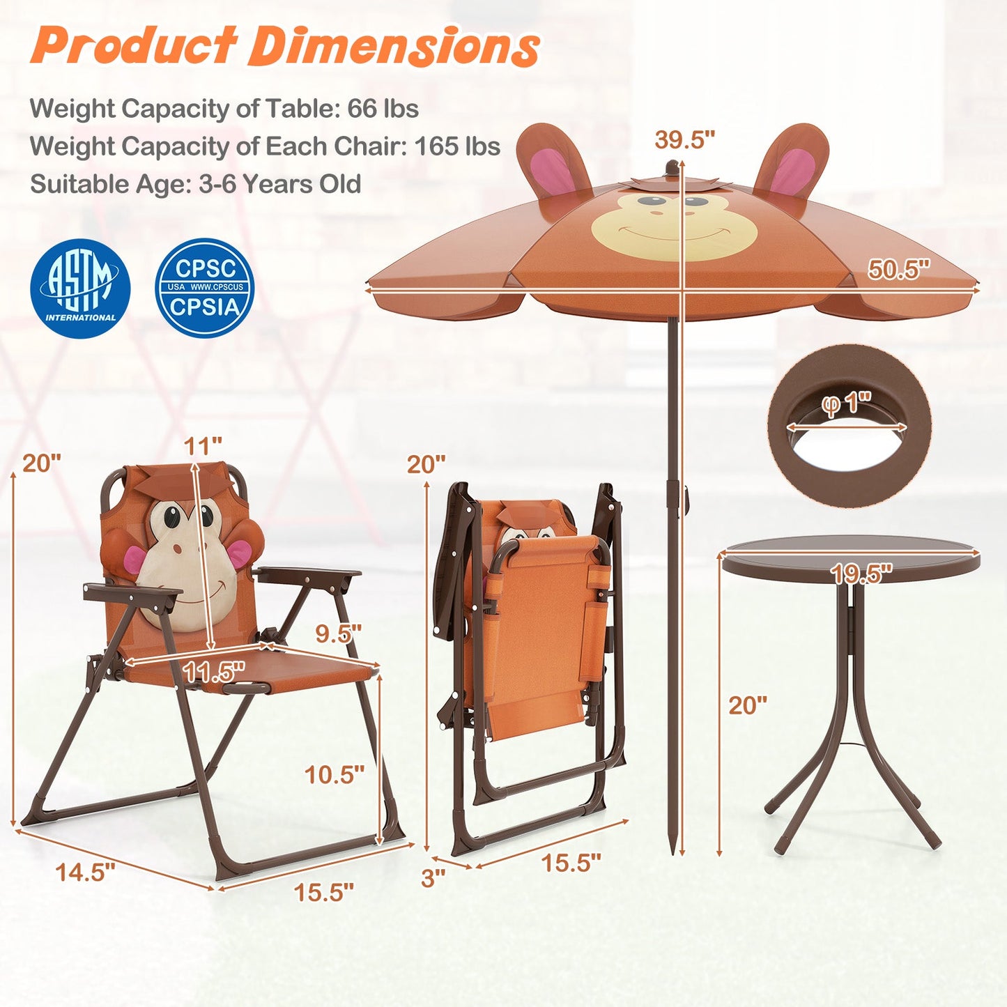 4-Piece Kids Picnic Set with Adjustable Umbrella and Folding Chairs
