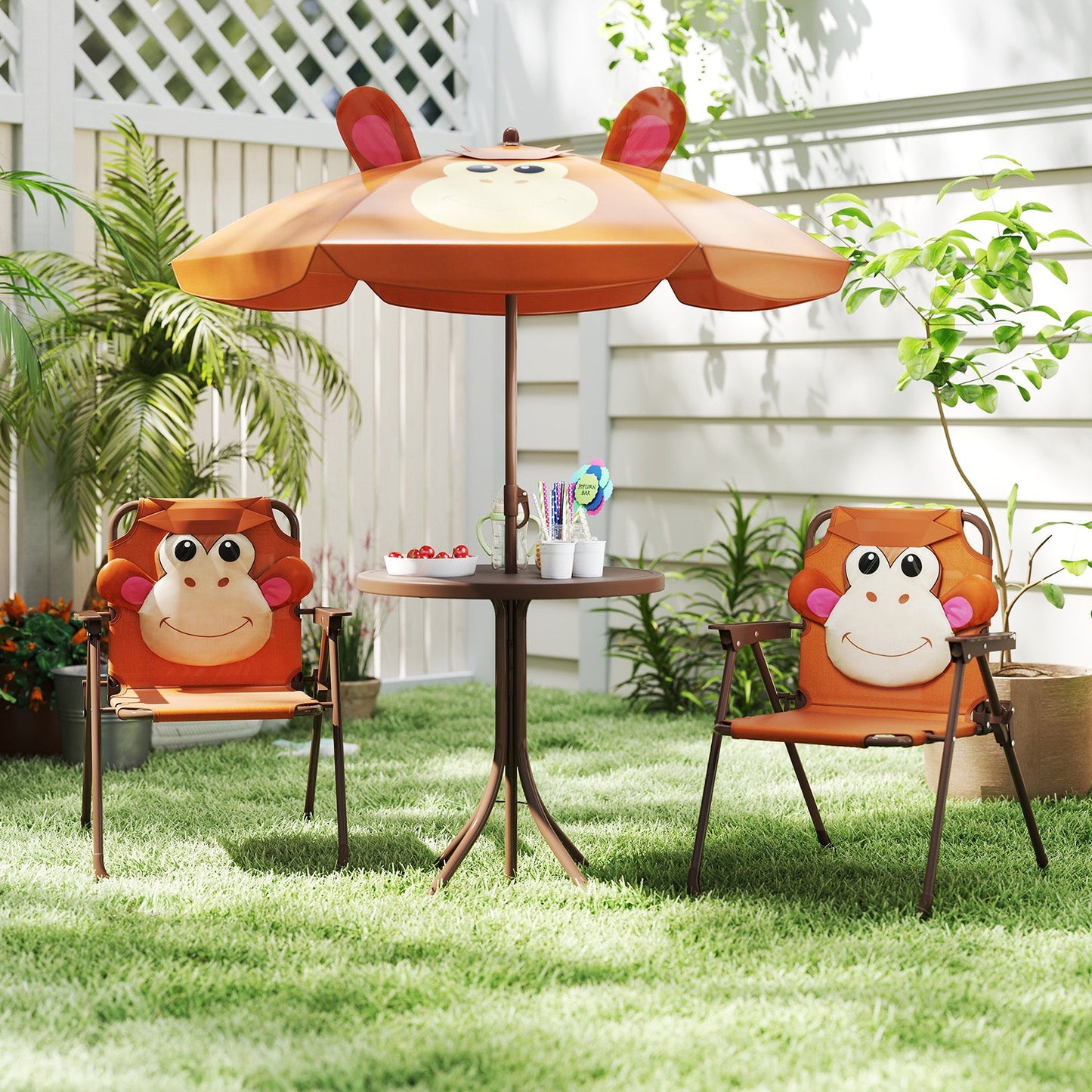 4-Piece Kids Picnic Set with Adjustable Umbrella and Folding Chairs