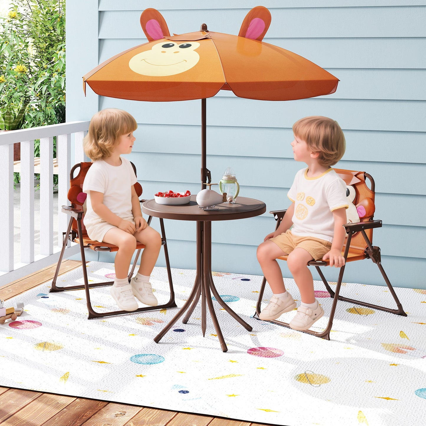 4-Piece Kids Picnic Set with Adjustable Umbrella and Folding Chairs