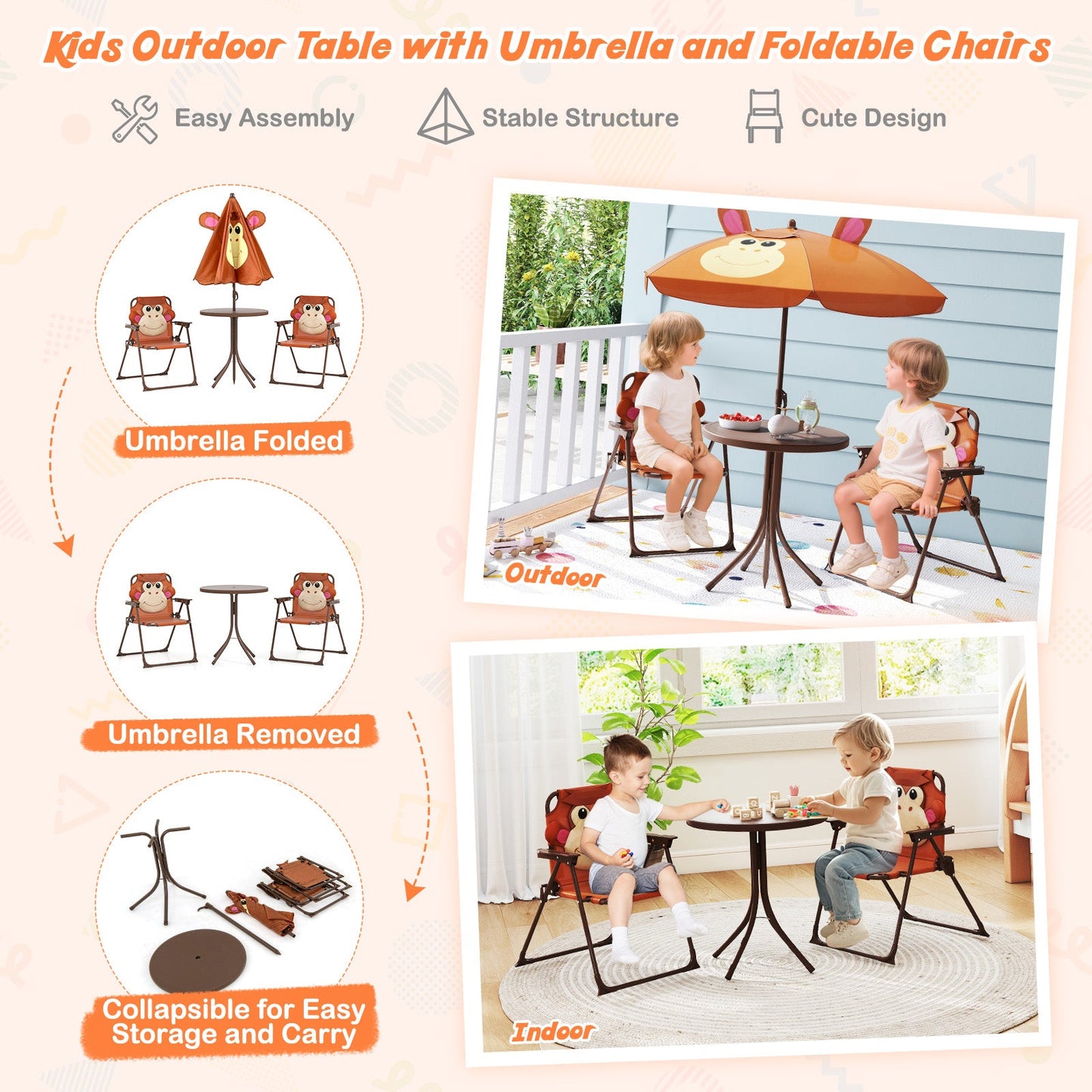4-Piece Kids Picnic Set with Adjustable Umbrella and Folding Chairs