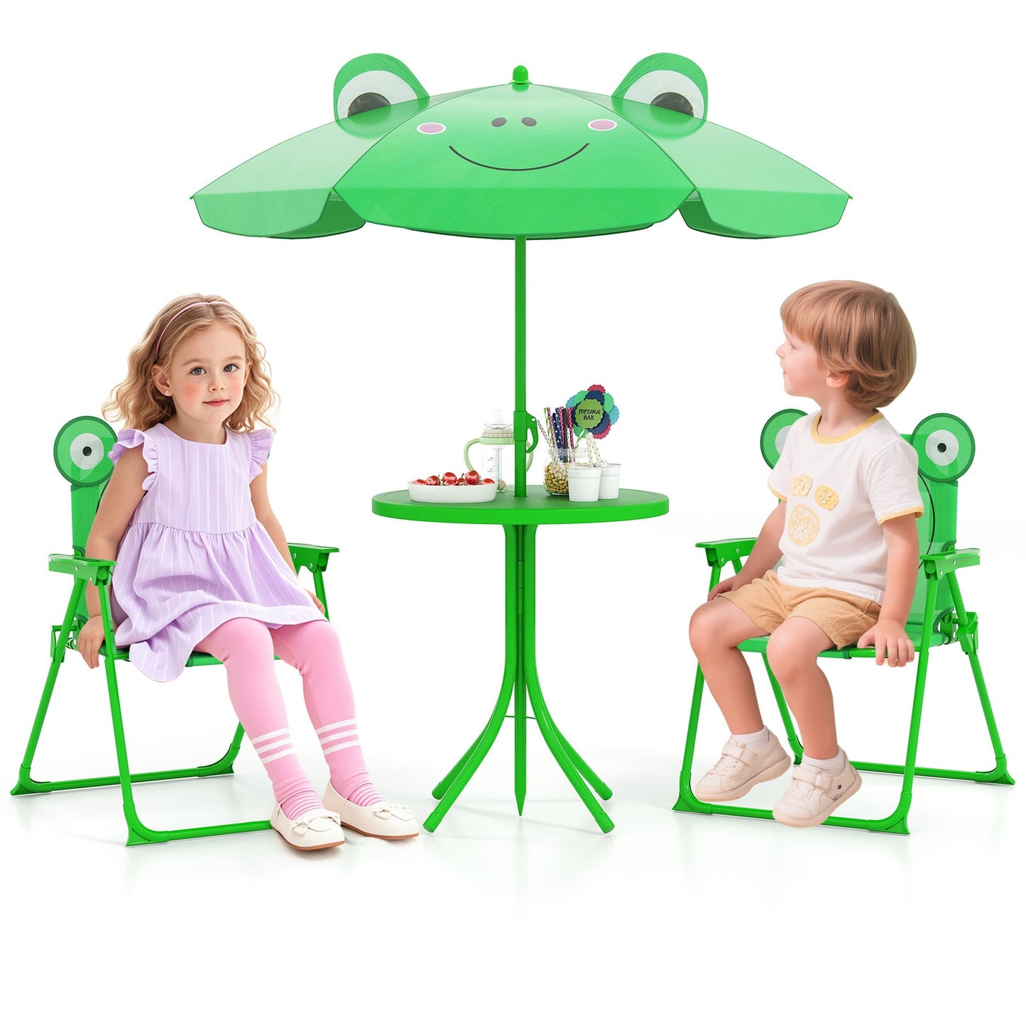 Juego de Picnic para Niños de 4 Piezas con Sillas Plegables y Paraguas Ajustable - Verde