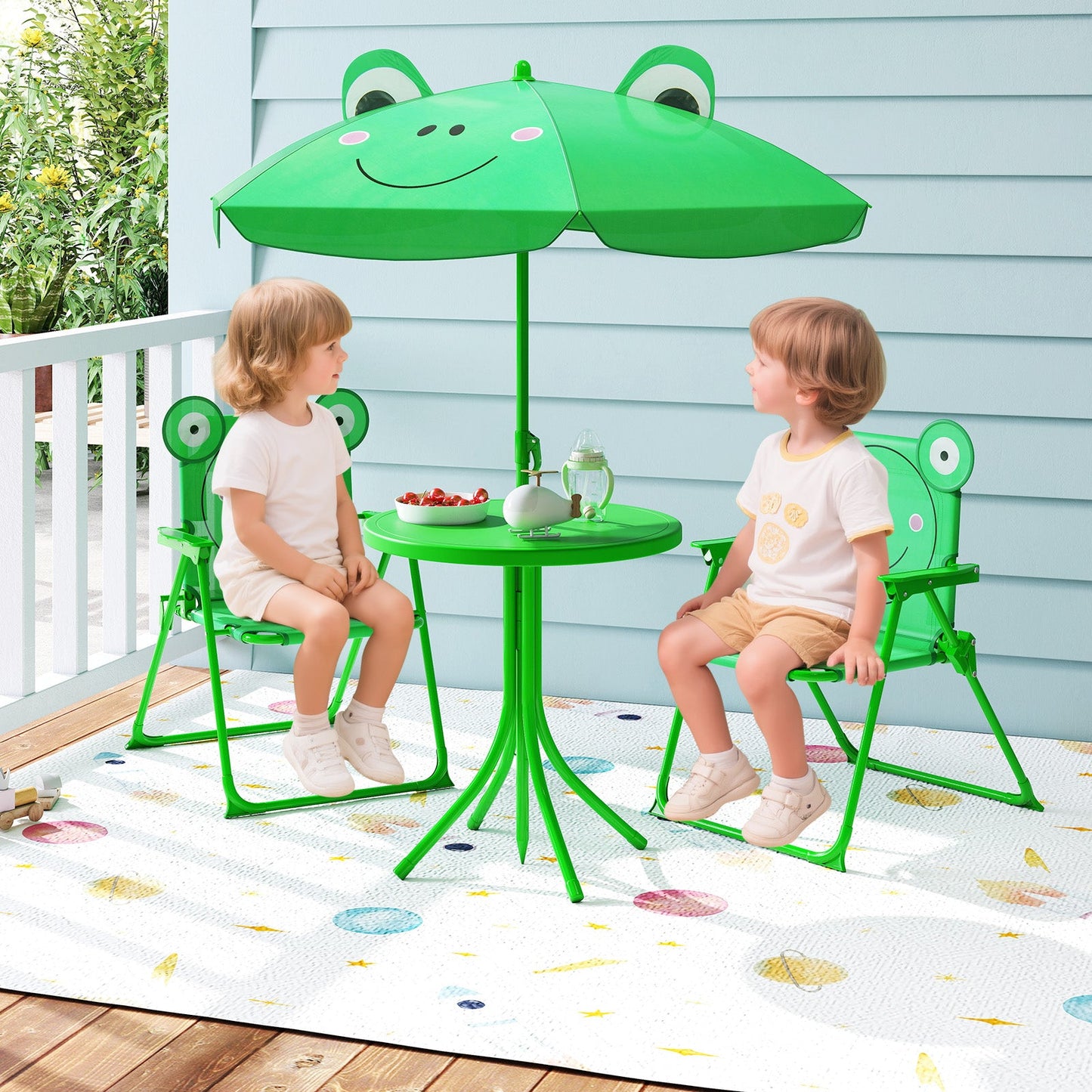 Juego de Picnic para Niños de 4 Piezas con Sillas Plegables y Paraguas Ajustable - Verde