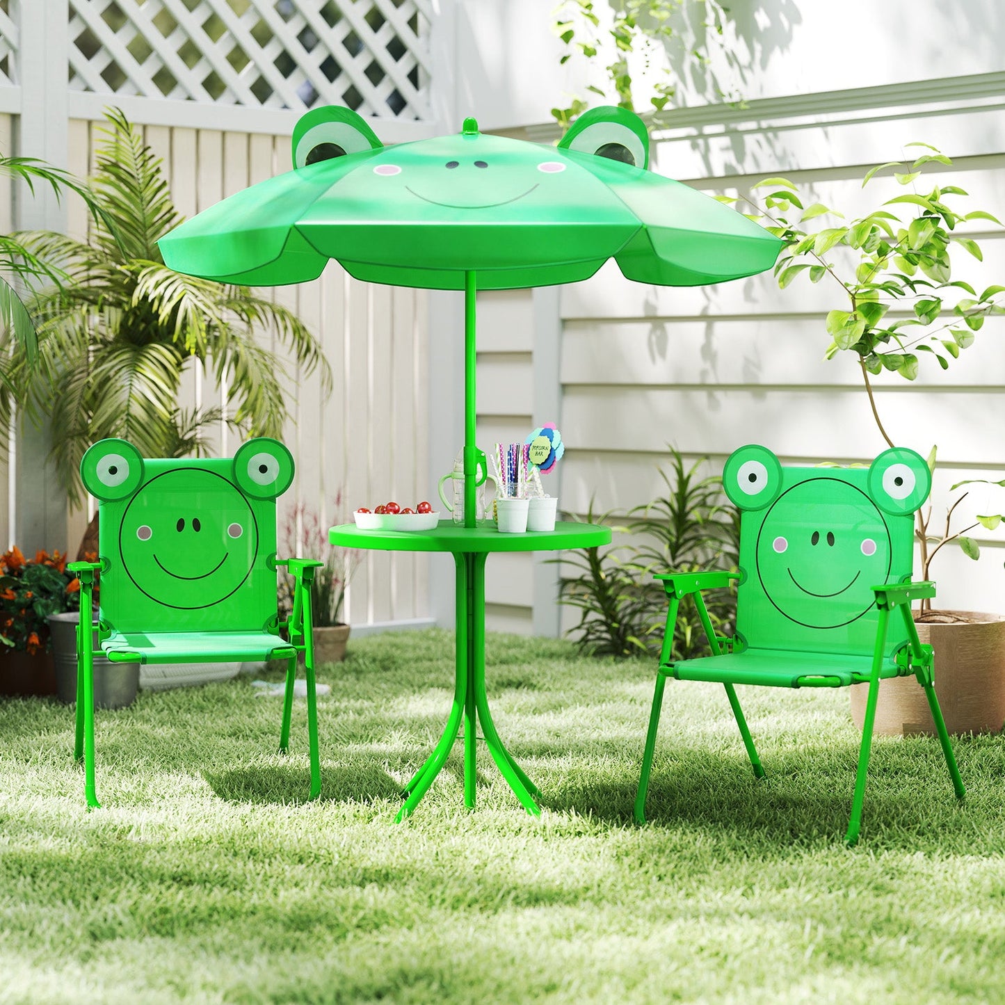 Juego de Picnic para Niños de 4 Piezas con Sillas Plegables y Paraguas Ajustable - Verde