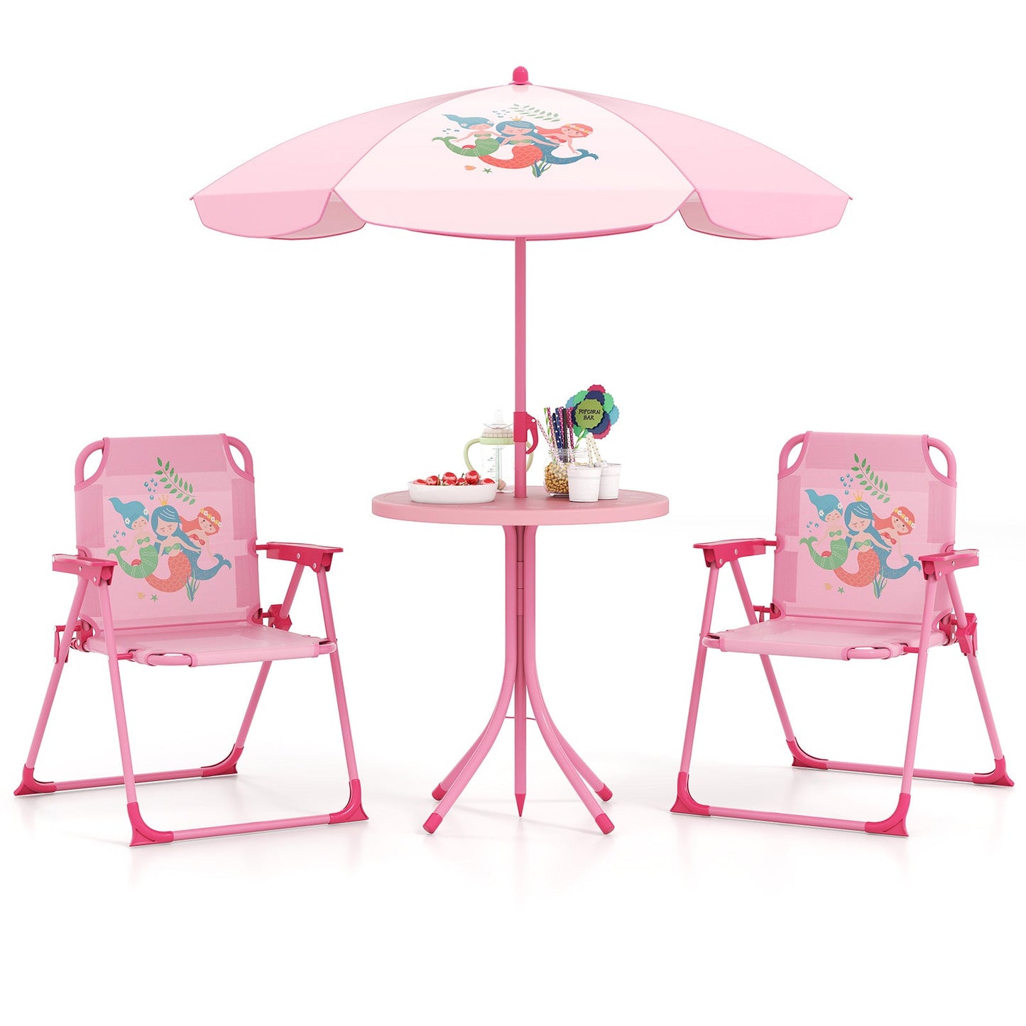 Juego de Picnic para Niños de 4 Piezas con Sombrilla Ajustable - Rosa