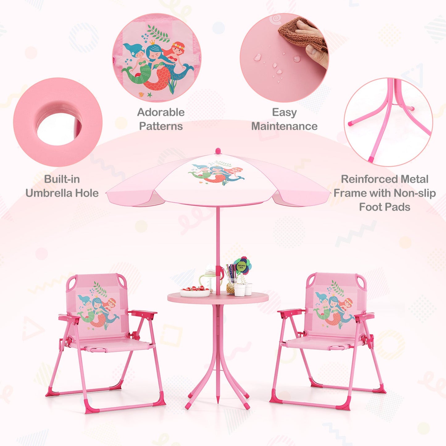 Juego de Picnic para Niños de 4 Piezas con Sombrilla Ajustable - Rosa