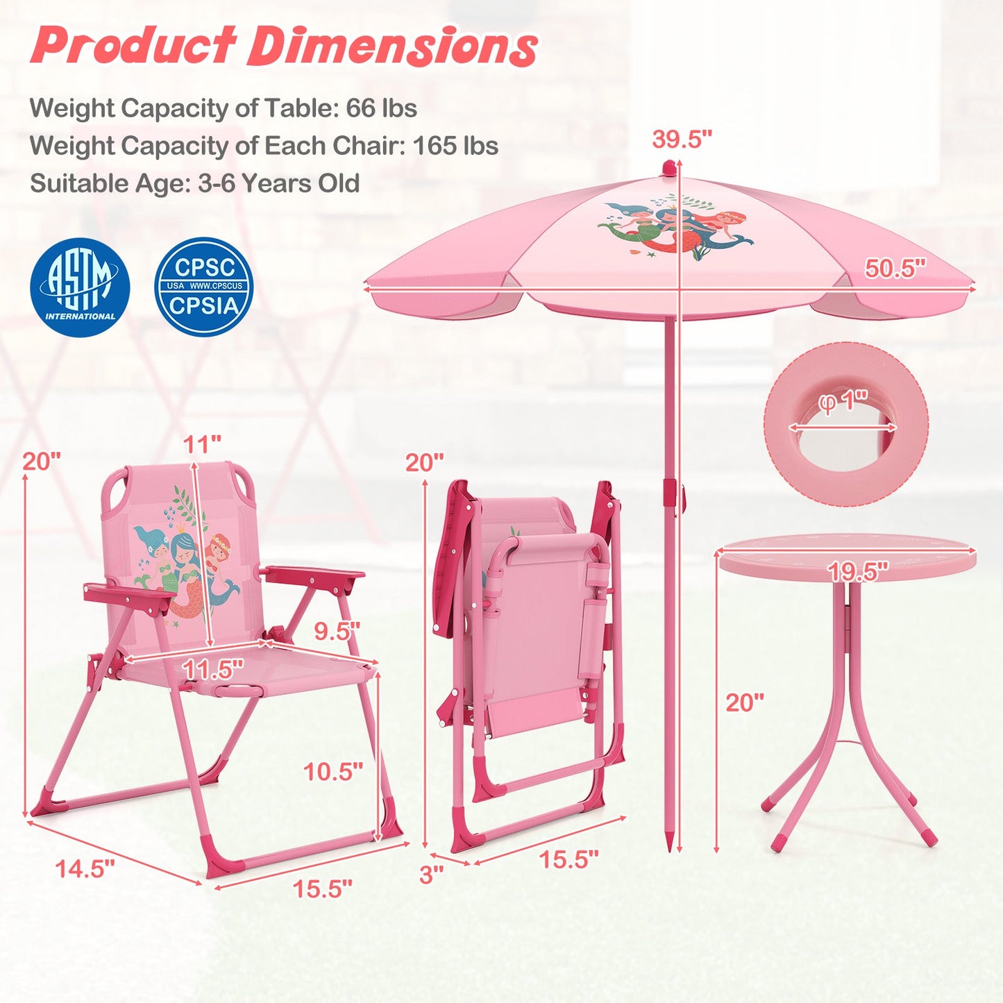 Juego de Picnic para Niños de 4 Piezas con Sombrilla Ajustable - Rosa